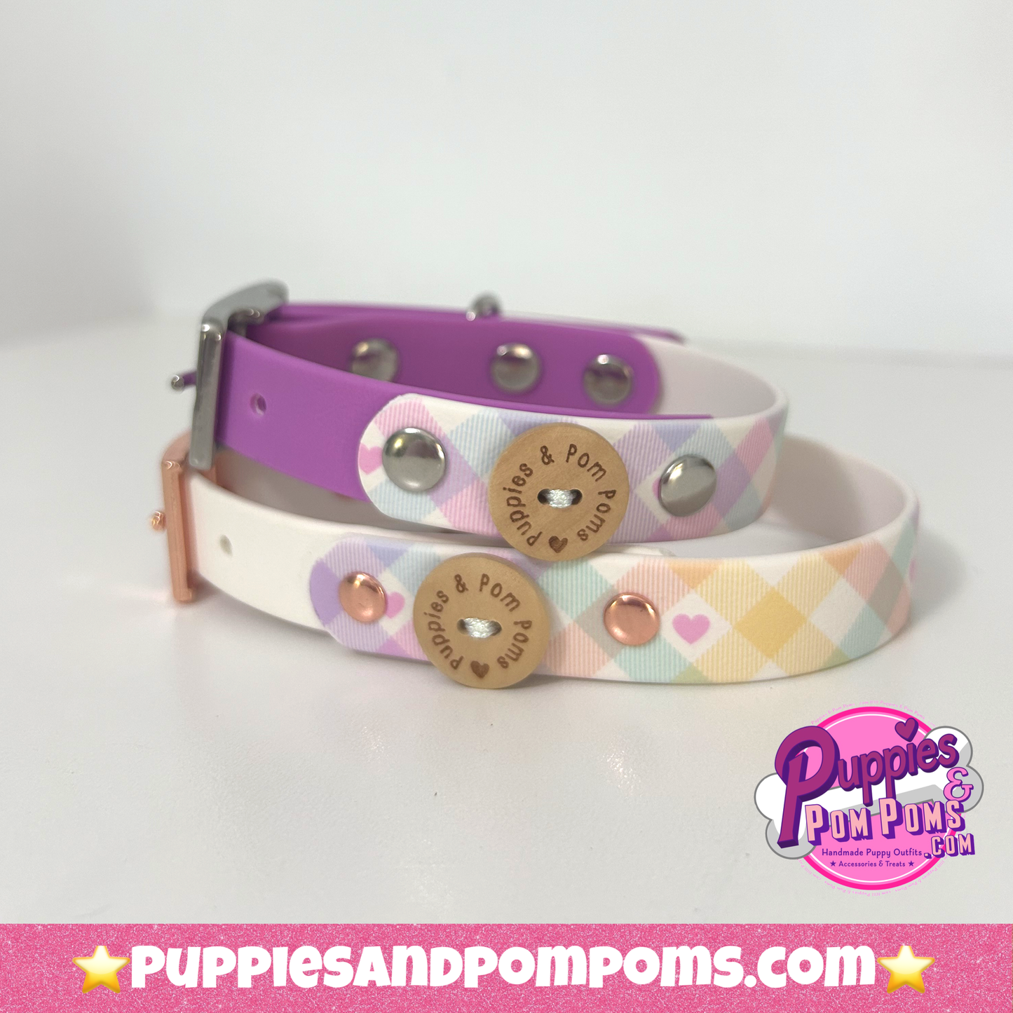 Waterproof Collar - Pastel Vichy - Lavender Pink: Rose Gold / Medium 34-42cm