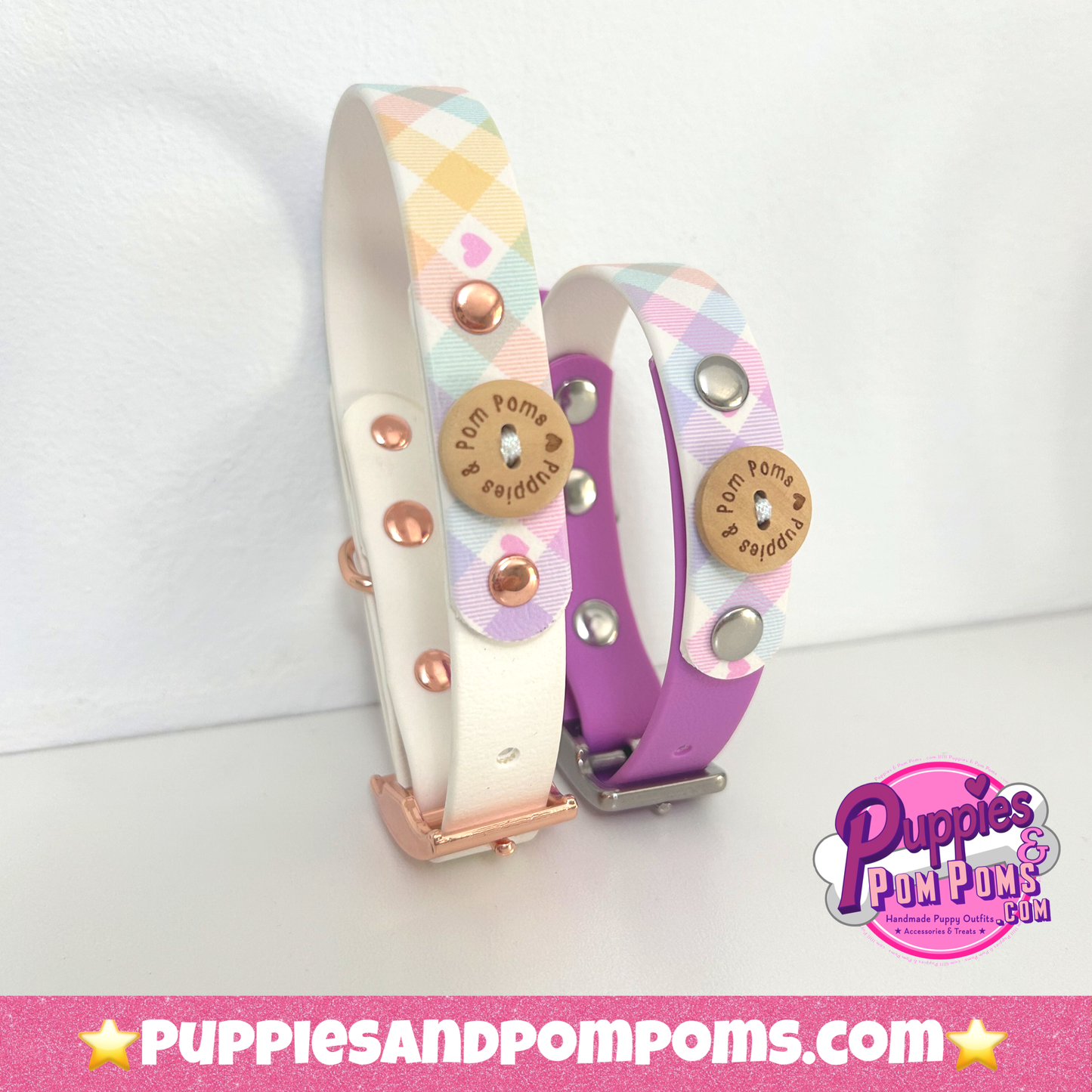 Waterproof Collar - Pastel Vichy - Lavender Pink: Rose Gold / Medium 34-42cm