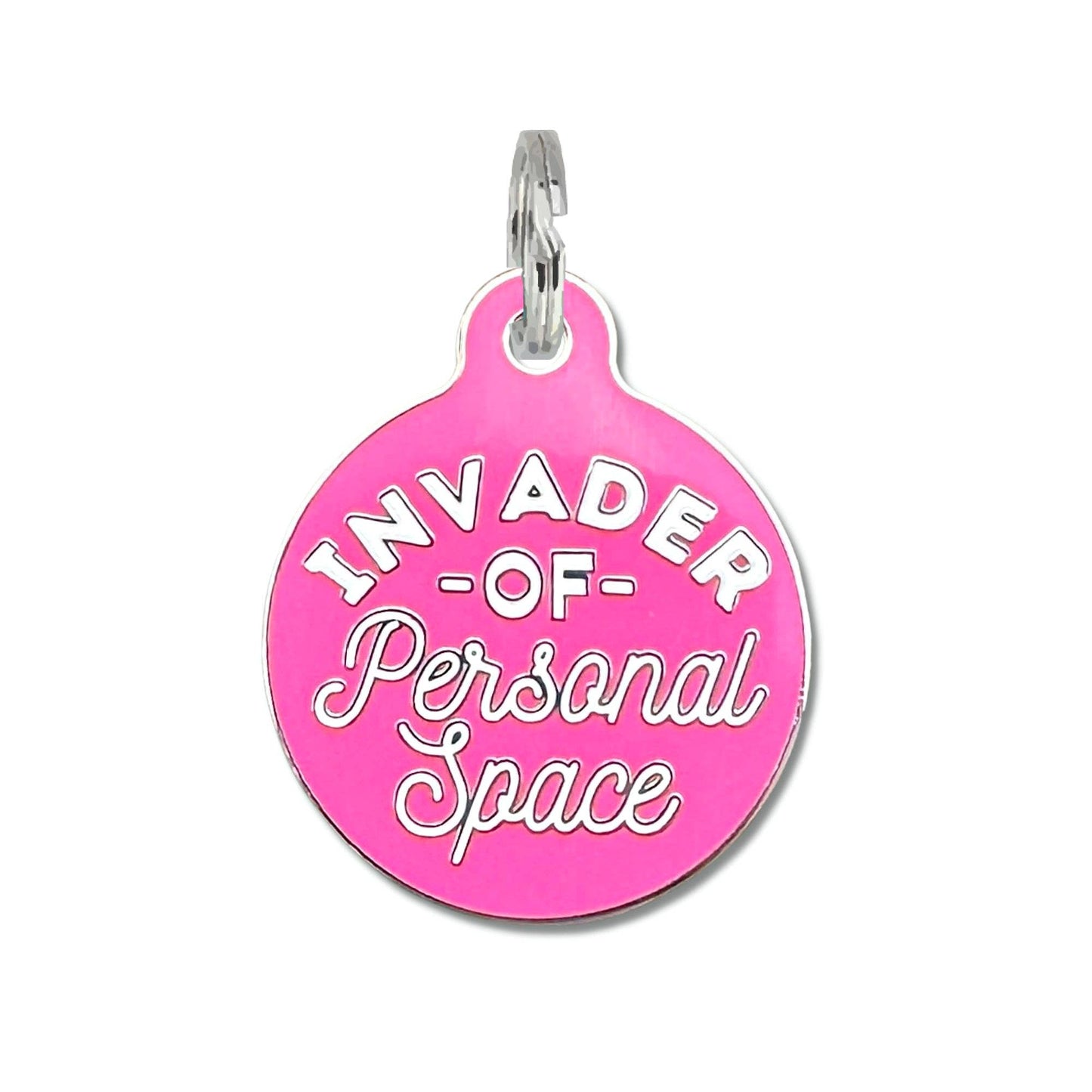 Dog Tag with Personalized QR Code - Invader Personal Space : Pink / Collar Charm (backside blank) / Large 1.25"