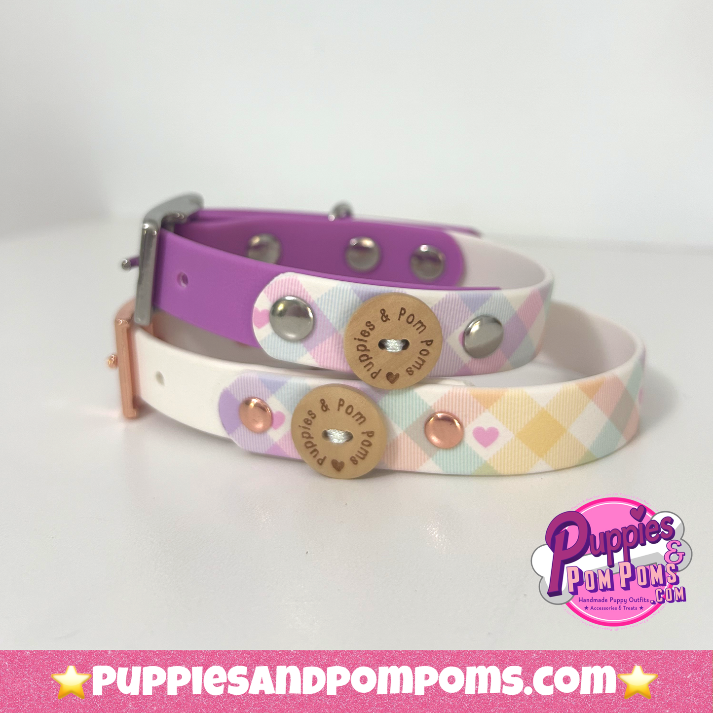 Waterproof Collar - Pastel Vichy - Lavender Pink: Rose Gold / Medium 34-42cm