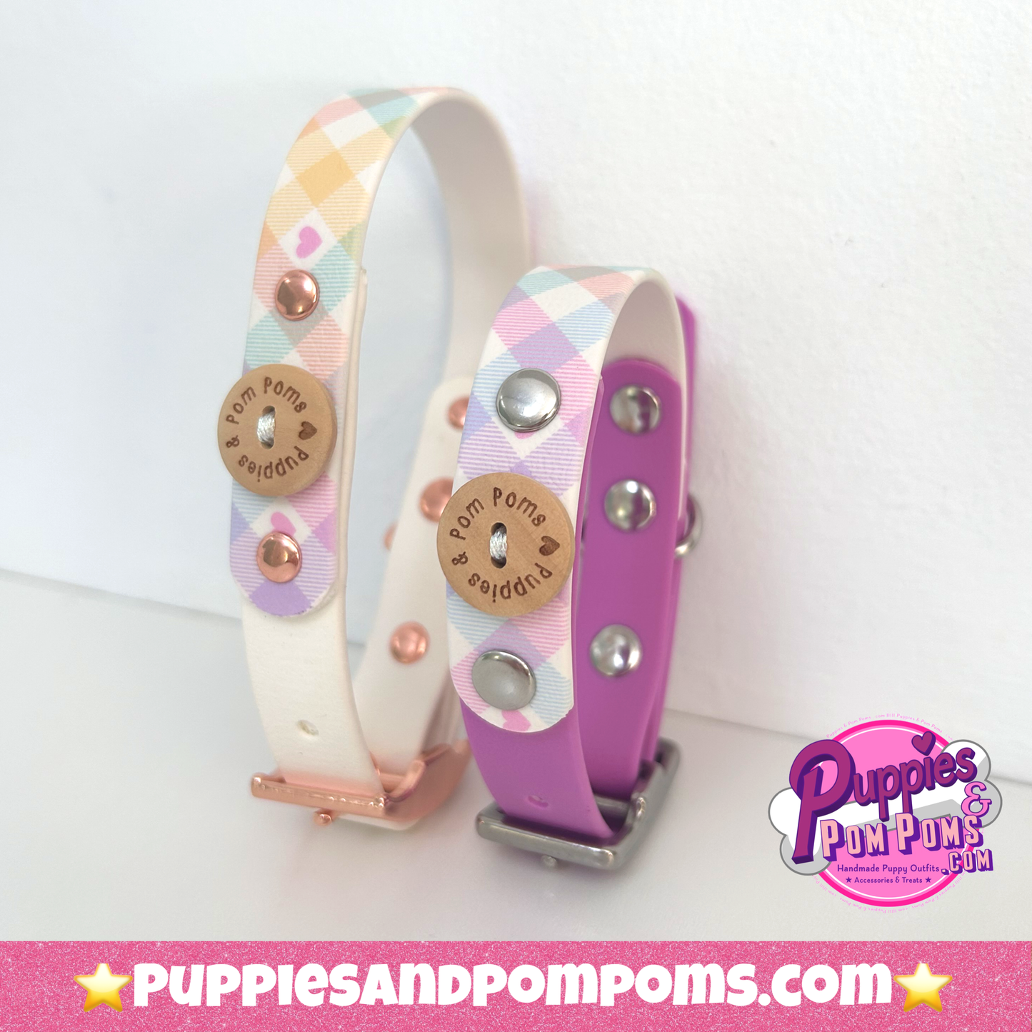Waterproof Collar - Pastel Vichy - Lavender Pink: Rose Gold / Medium 34-42cm