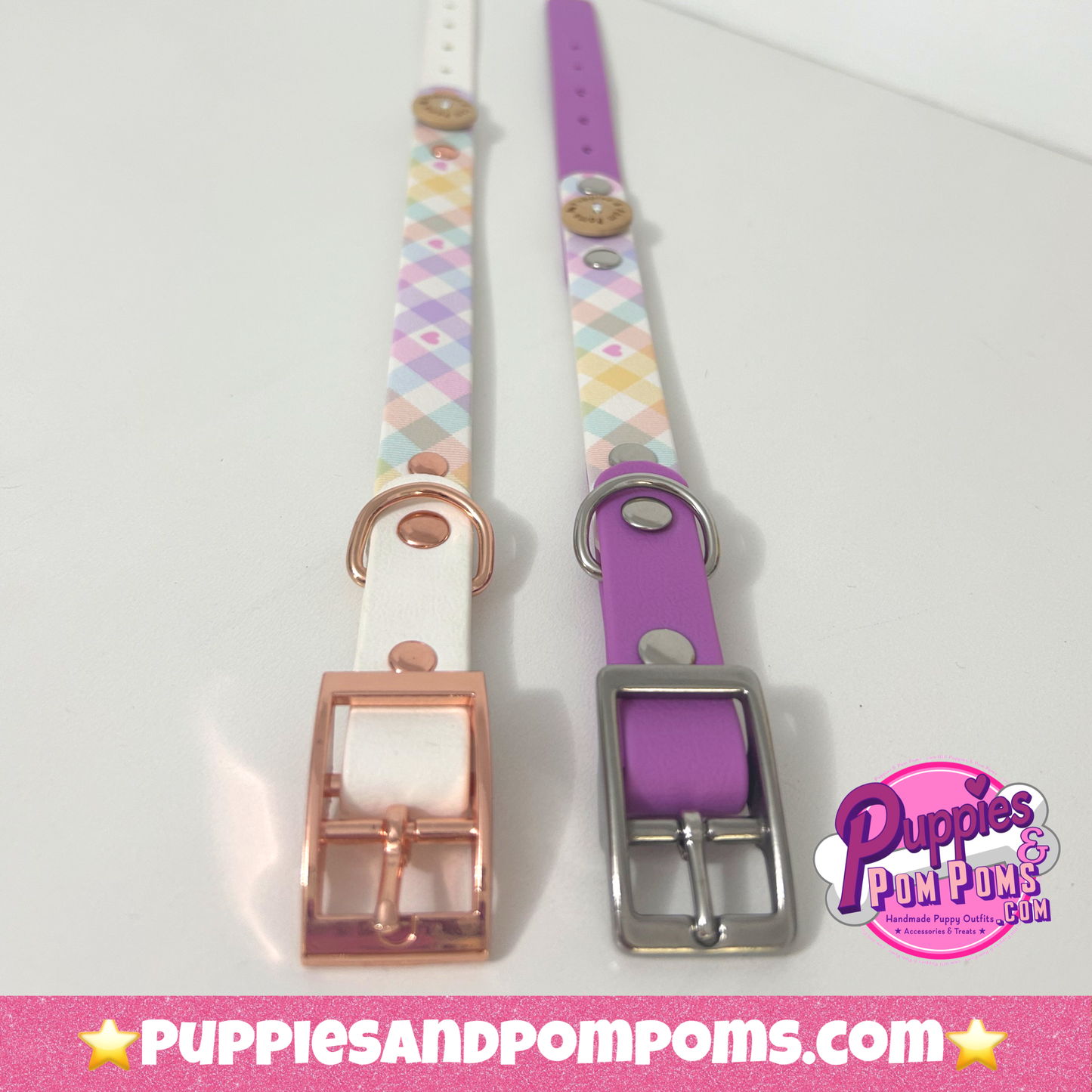 Waterproof Collar - Pastel Vichy - Lavender Pink: Rose Gold / Medium 34-42cm