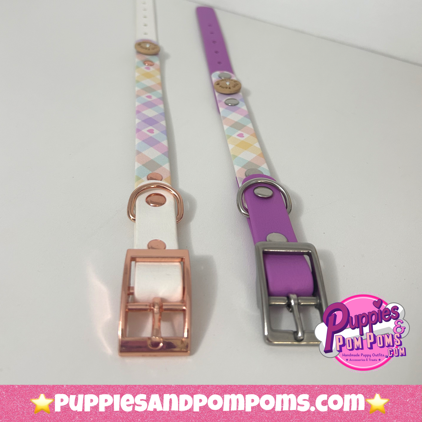 Waterproof Collar - Pastel Vichy - Lavender Pink: Rose Gold / Medium 34-42cm