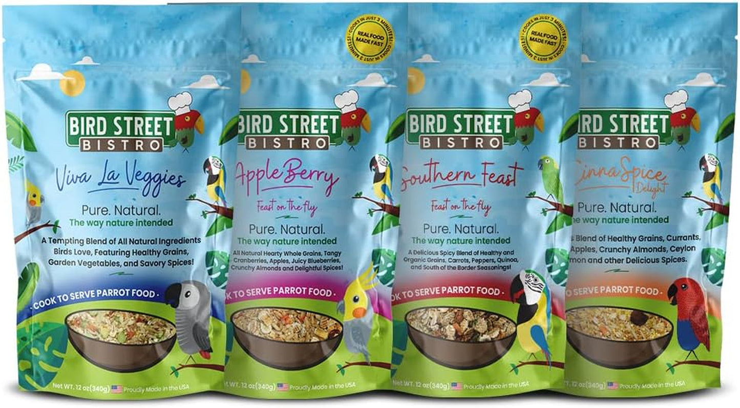 Parrot Food Sample 4 Pack - Parakeet Food - Cockatiel Food - Bird Food - Cooks in 3-15 Min W/Natural & Organic Grains - Healthy, Non-Gmo Fruits, Healthy Orientated Spices