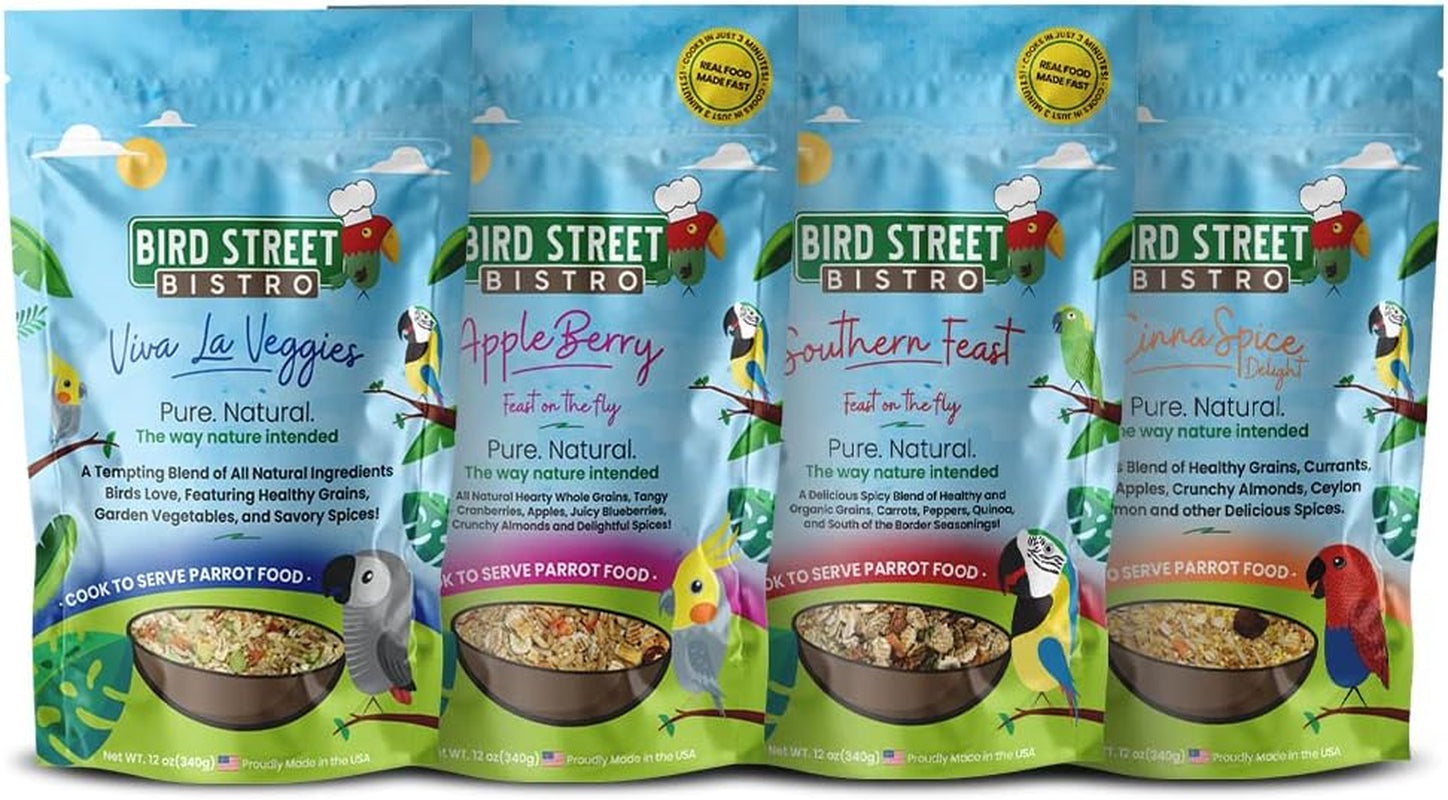 Parrot Food Sample 4 Pack - Parakeet Food - Cockatiel Food - Bird Food - Cooks in 3-15 Min W/Natural & Organic Grains - Healthy, Non-Gmo Fruits, Healthy Orientated Spices