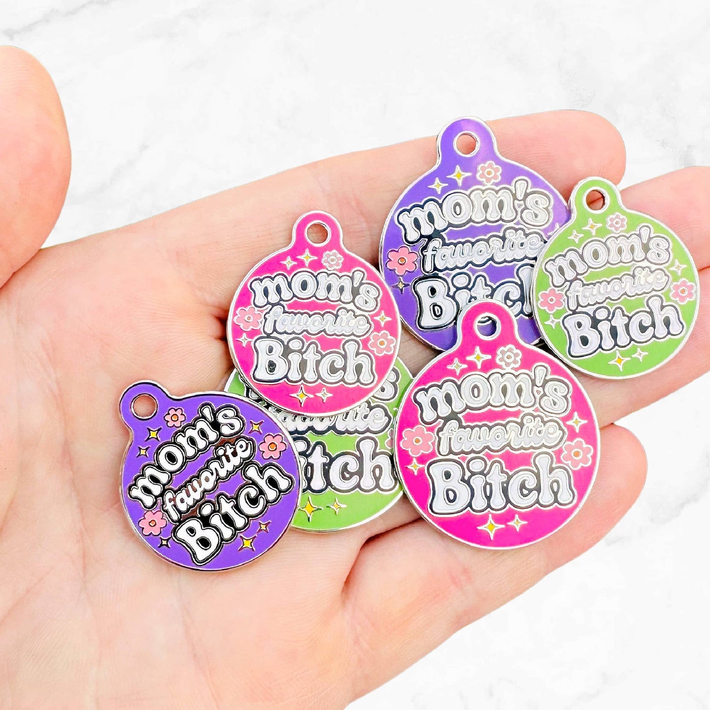 Mom's Favorite Bitch - Pet ID Tag or Dog Collar Charm: Purple / Collar Charm (blank backside) / Large 1.25"