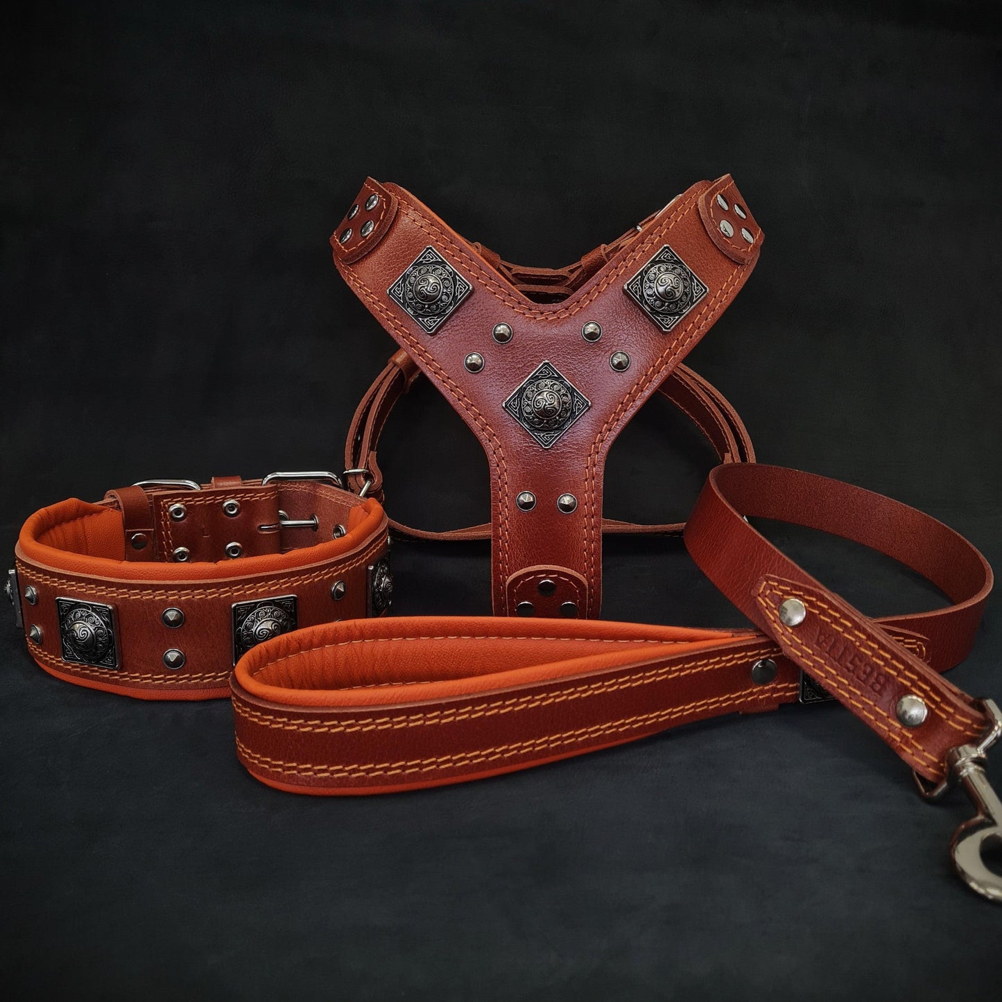 "EROS" BIG dog SET- Harness - collar - lead. Brown & Orange-0