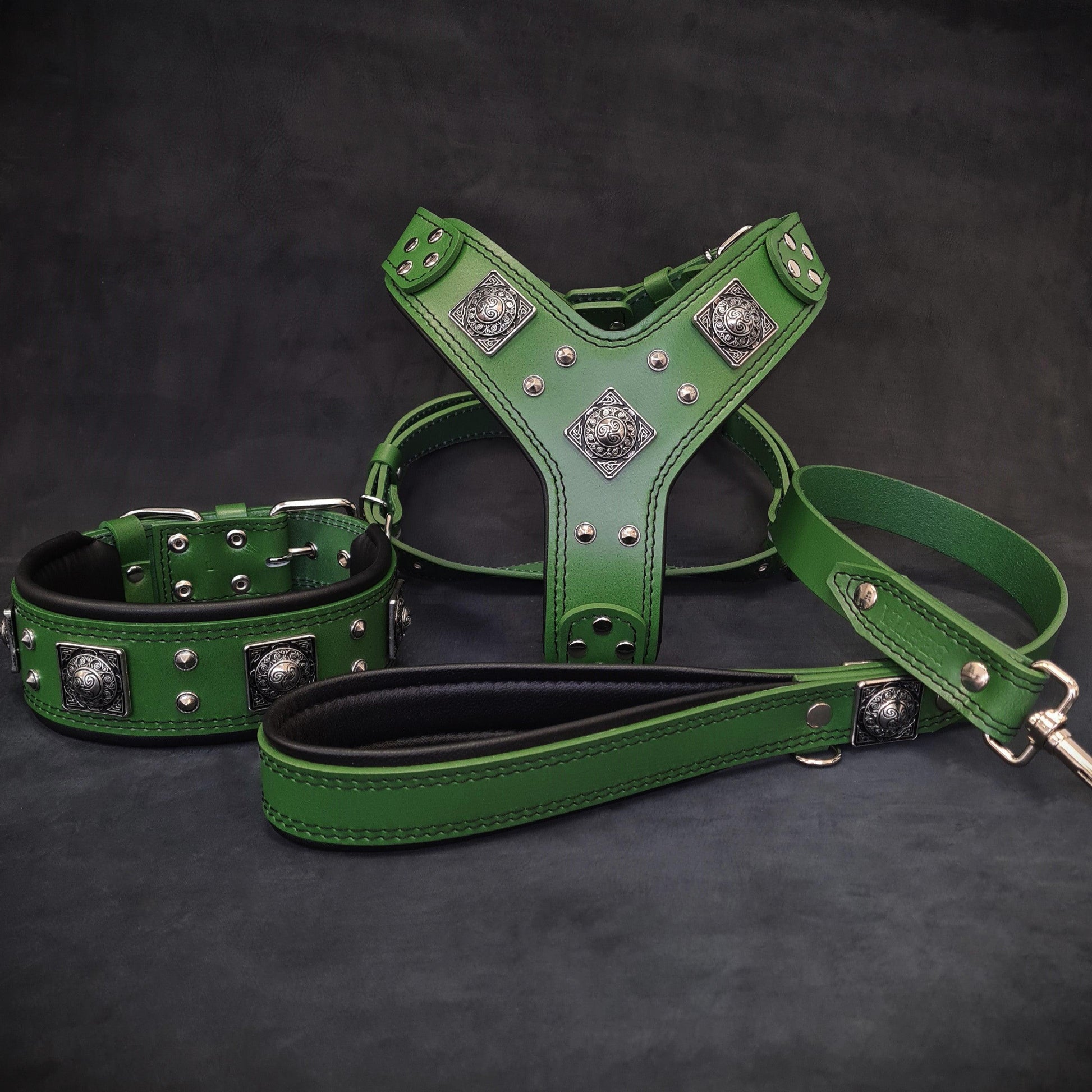 "EROS" BIG dog SET- Harness - collar - lead. Green-0