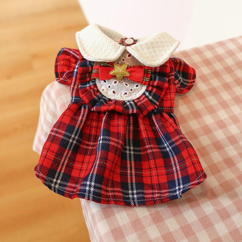 Red Blue Plaid Elegant Dress Beautiful Princess Dress for Pets Party Wear-0