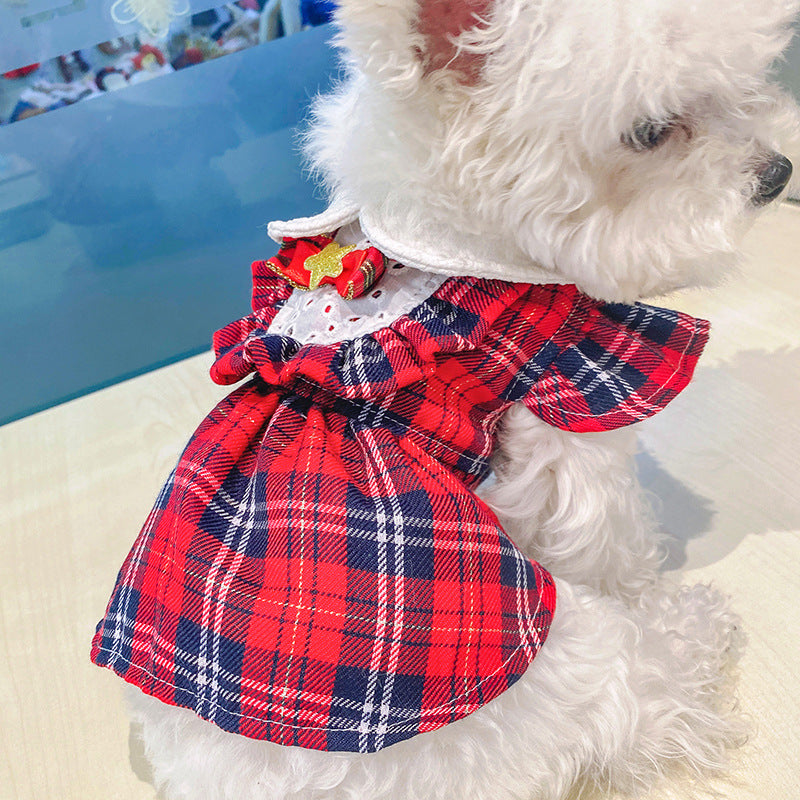 Red Blue Plaid Elegant Dress Beautiful Princess Dress for Pets Party Wear-1