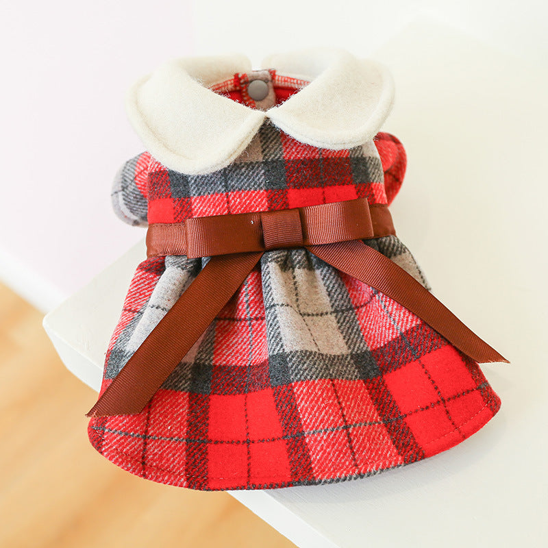 Brown Bow  Red Plaid Elegant Dress Beautiful Princess Dress for Pets Party Wear-0