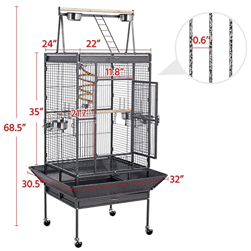 Yaheetech 69-inch Wrought Iron Rolling Large Parrot Bird Cage for African Grey Small Quaker Amazon Parrot Cockatiel Sun Parakeet Green Cheek Conure Dove Lovebird Budgie Play Top Bird Cage with Stand