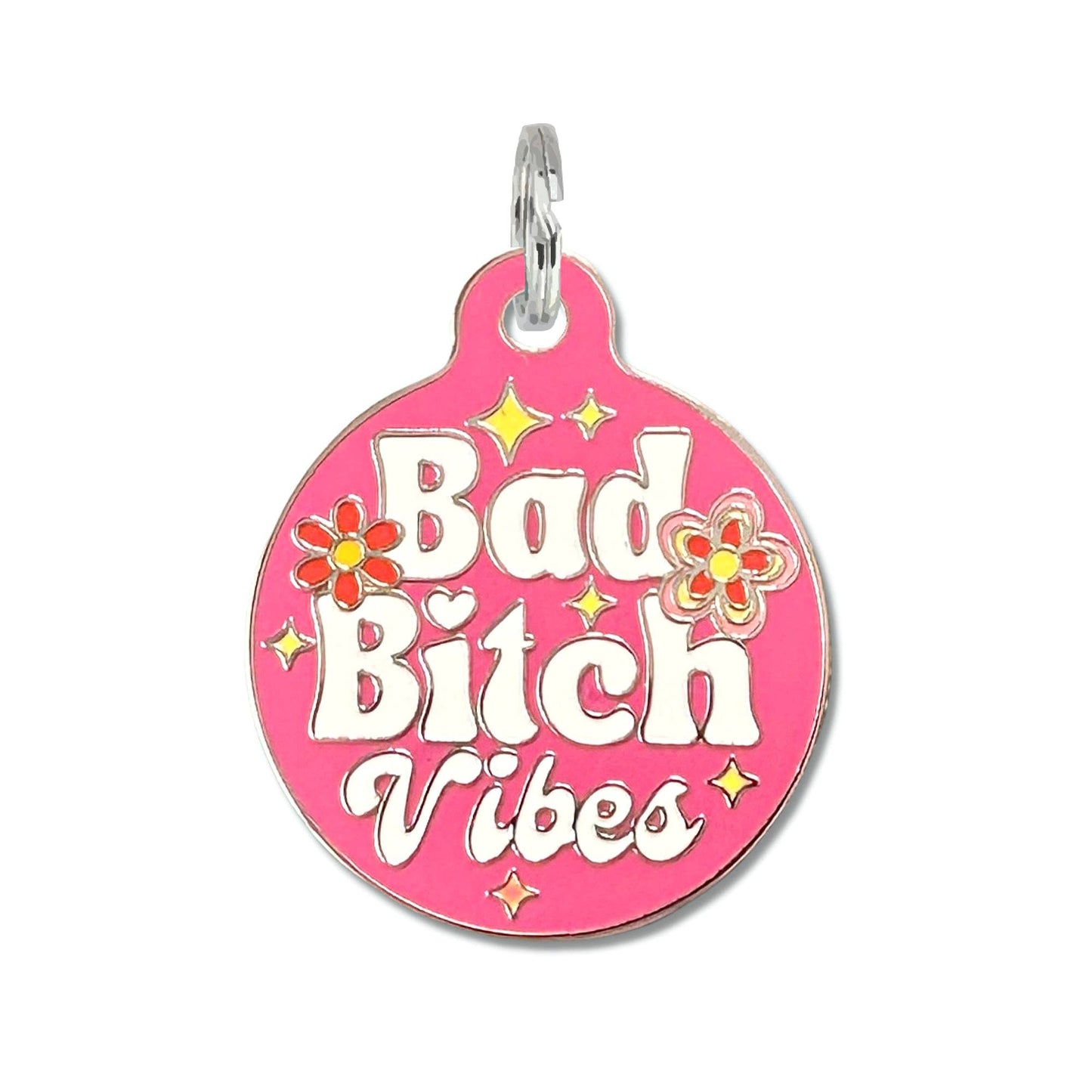 Dog ID Tag with Personalized QR Code - Bad Bitch Vibes: Purple / Large 1.25" / Collar Charm (Blank Backside)