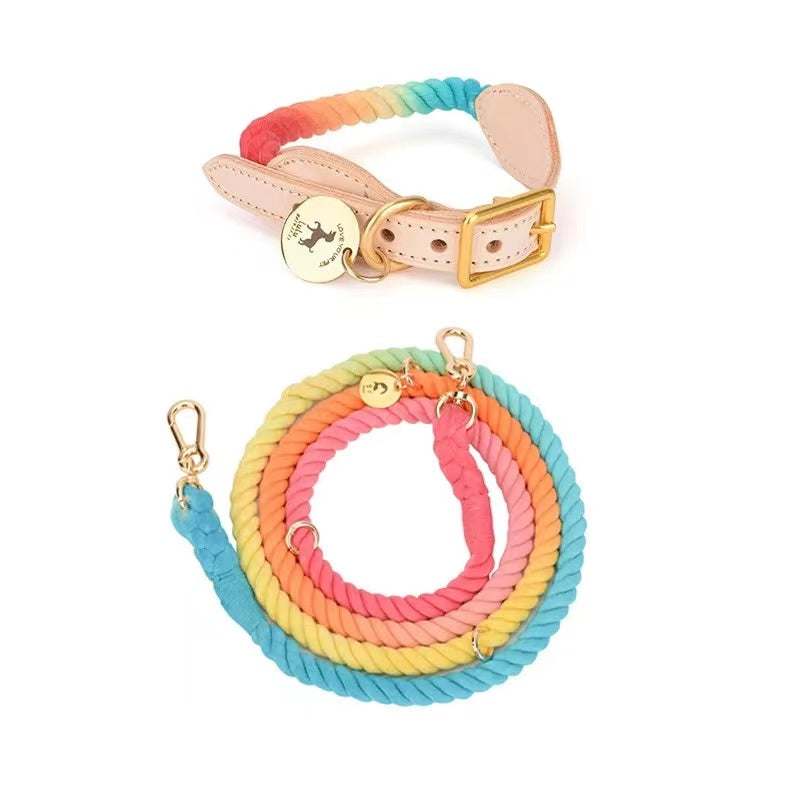 Hands Free Rope Leash and Luxe Royal Leather Collar Bundle - Classic Rainbow-0