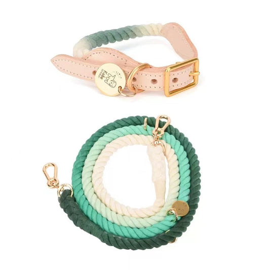 Hands Free Rope Leash and Luxe Royal Leather Collar Bundle - Ombré Green-0