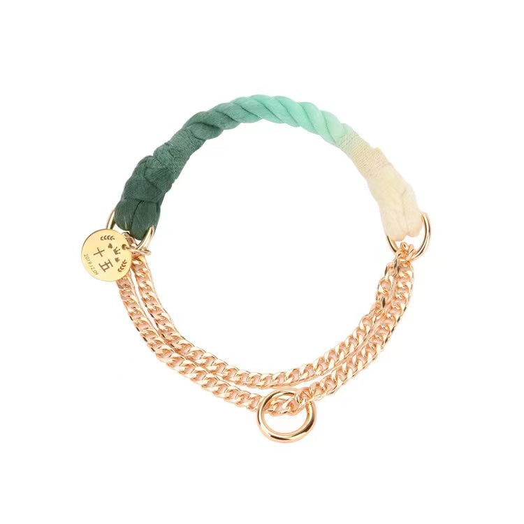 Cotton Rope Collar With Lightweight Gold Chain - Ombré Green-0