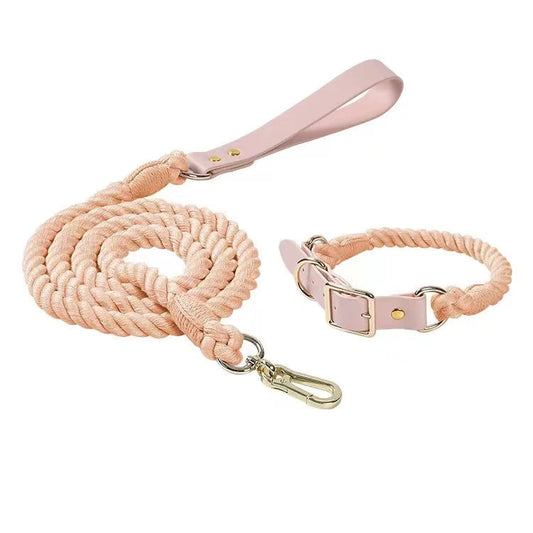 Luxe Royal Leather Rope Leash and Collar Set - Cotton Coral-0