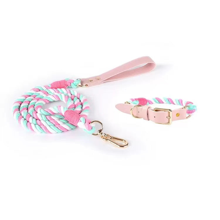 Luxe Royal Leather Rope Leash and Collar Set - Cotton Candy-0