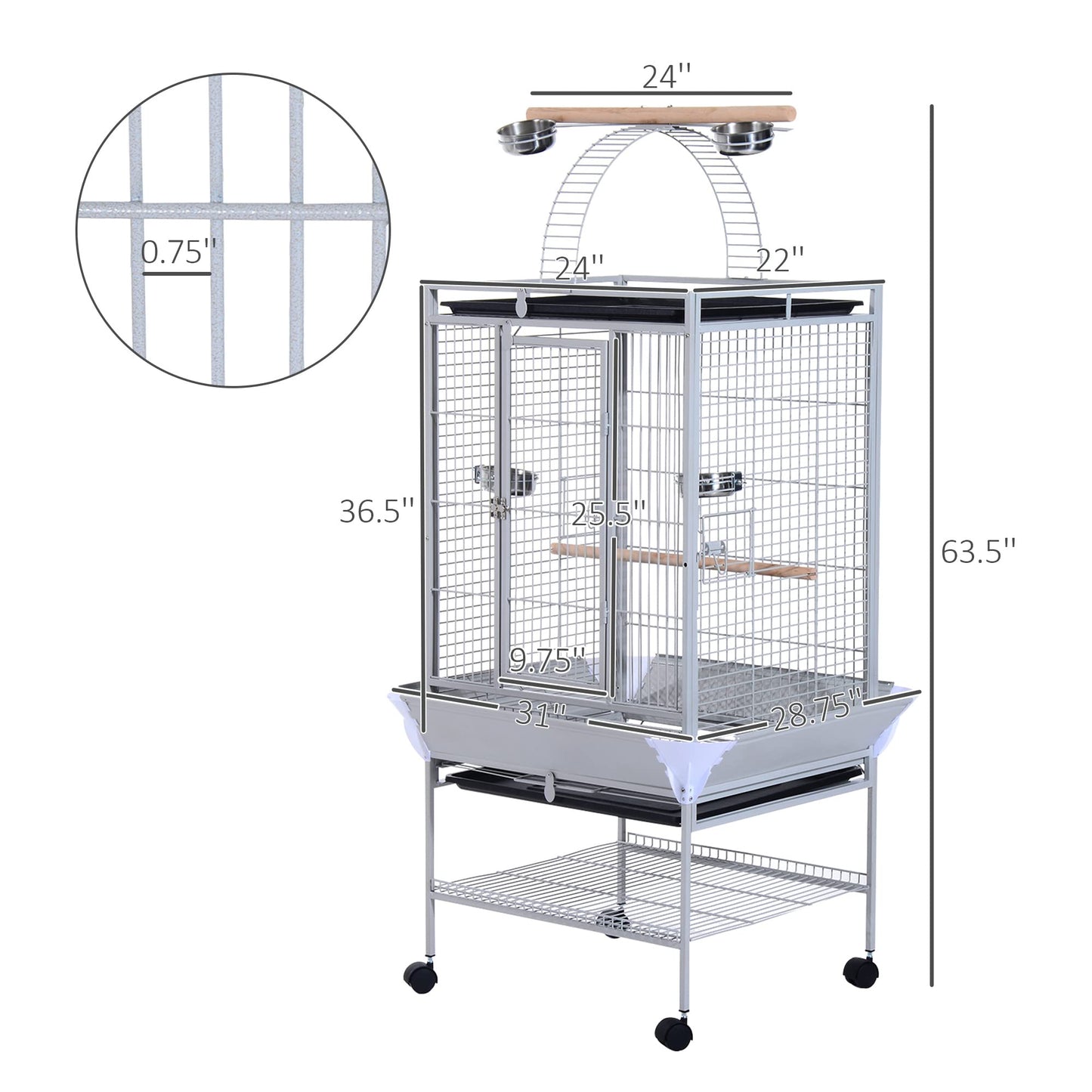 PawHut 63.5" Bird Cage for Cockatiels, Conure, African Greys, Porcupines, Indian Ringnecks, Parrot Cage with Wheels, Bird Feeder Stand, Play Top House, Silver