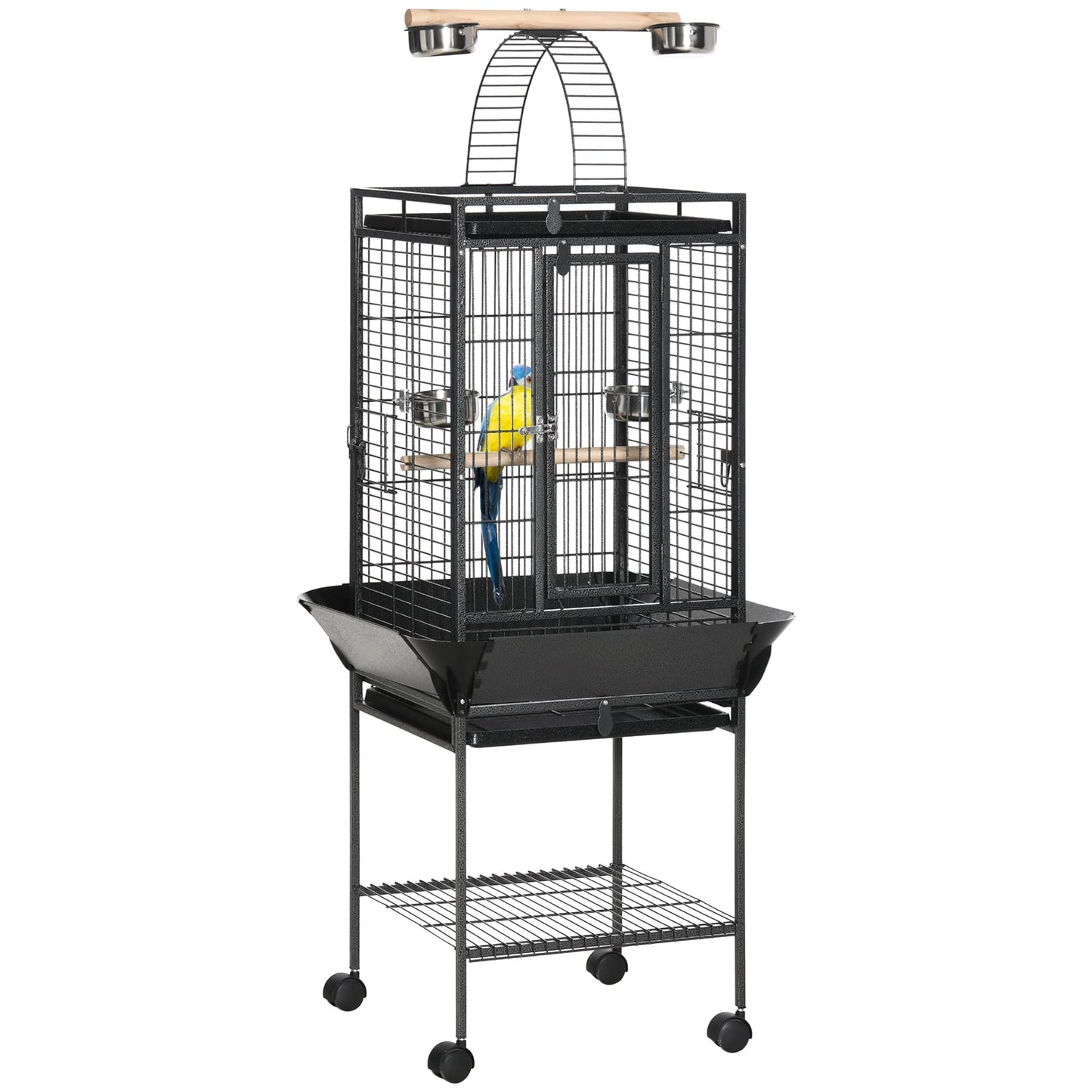 PawHut 63.5" Bird Cage for Cockatiels, Conure, African Greys, Porcupines, Indian Ringnecks, Parrot Cage with Wheels, Bird Feeder Stand, Play Top House, Silver