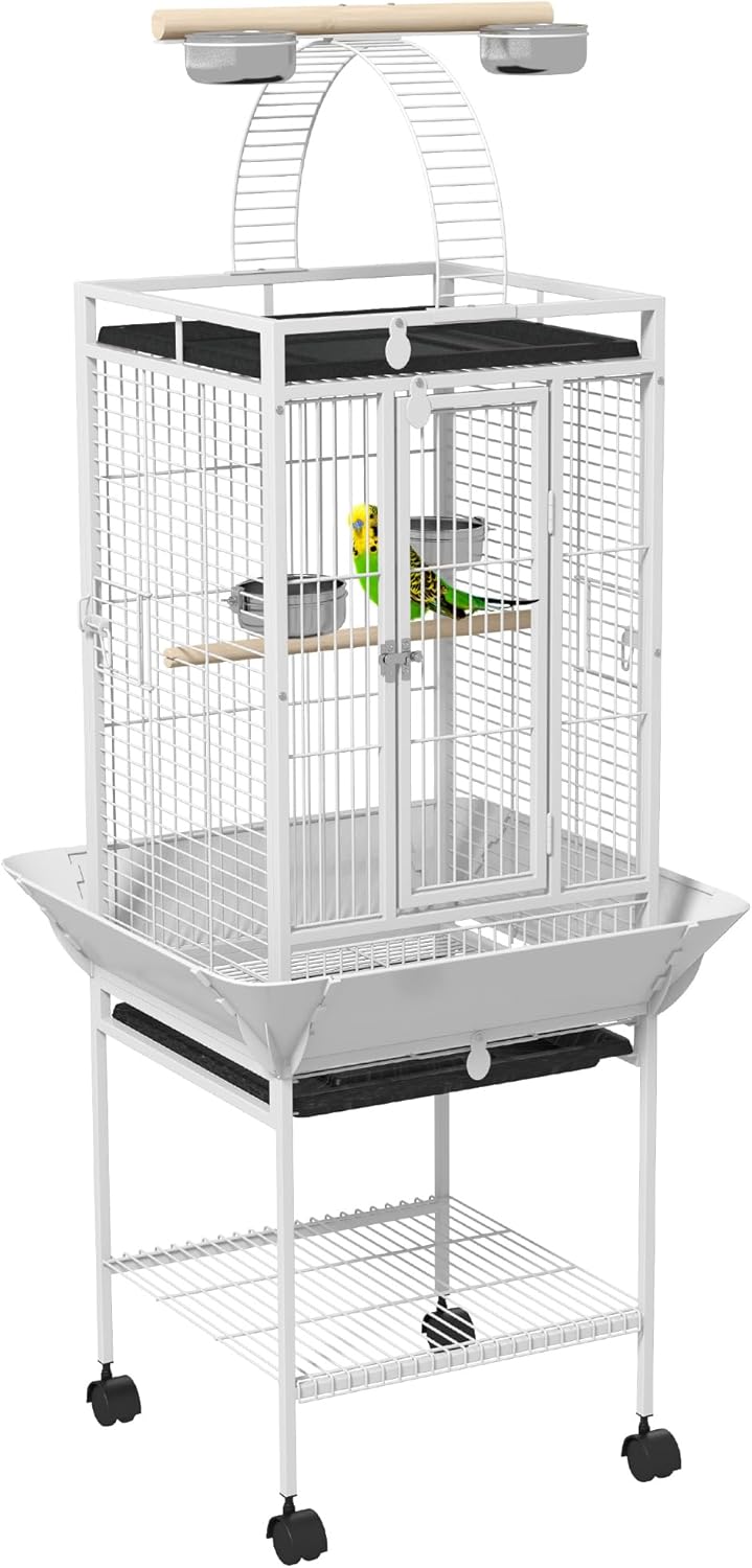 PawHut 63.5" Bird Cage for Cockatiels, Conure, African Greys, Porcupines, Indian Ringnecks, Parrot Cage with Wheels, Bird Feeder Stand, Play Top House, Silver