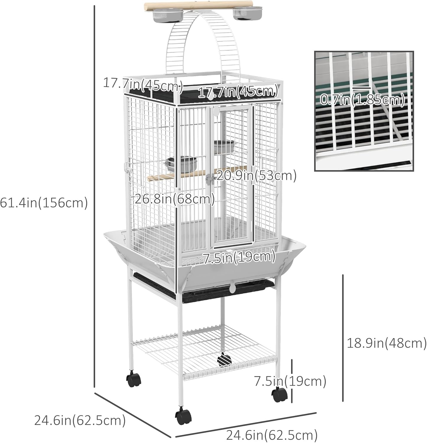 PawHut 63.5" Bird Cage for Cockatiels, Conure, African Greys, Porcupines, Indian Ringnecks, Parrot Cage with Wheels, Bird Feeder Stand, Play Top House, Silver