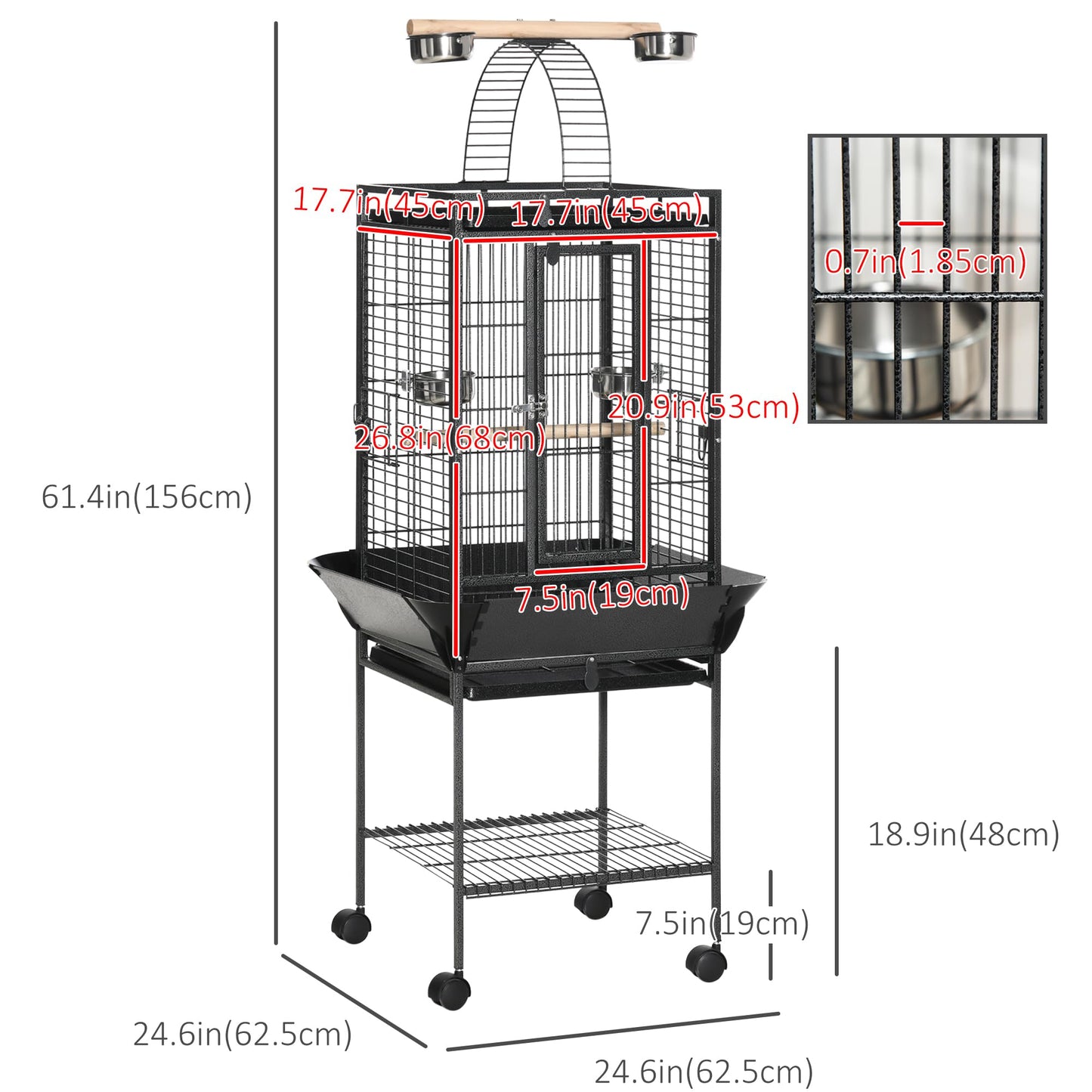 PawHut 63.5" Bird Cage for Cockatiels, Conure, African Greys, Porcupines, Indian Ringnecks, Parrot Cage with Wheels, Bird Feeder Stand, Play Top House, Silver