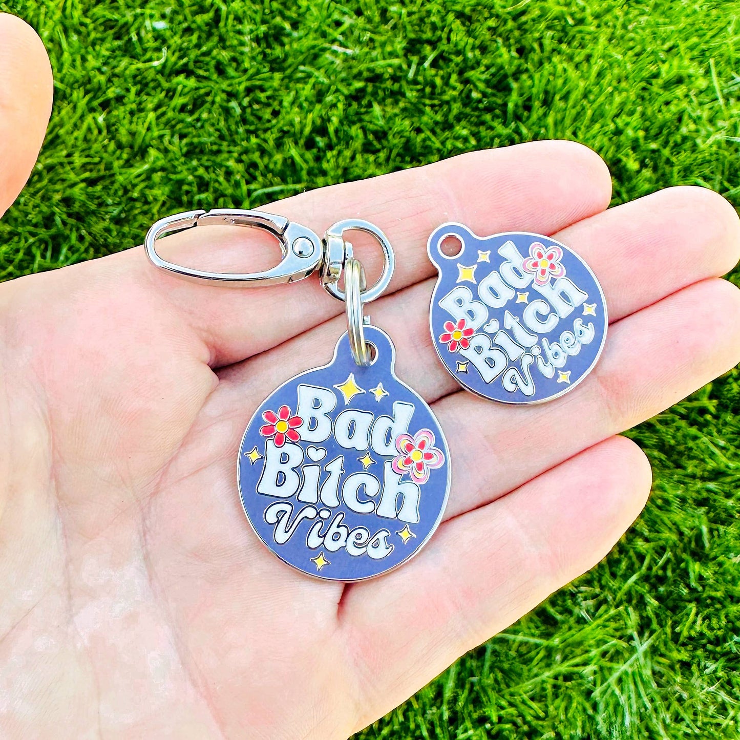 Dog ID Tag with Personalized QR Code - Bad Bitch Vibes: Purple / Large 1.25" / Collar Charm (Blank Backside)