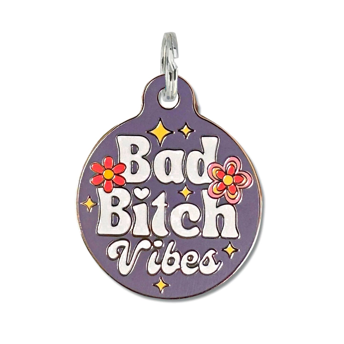 Dog ID Tag with Personalized QR Code - Bad Bitch Vibes: Purple / Large 1.25" / Collar Charm (Blank Backside)