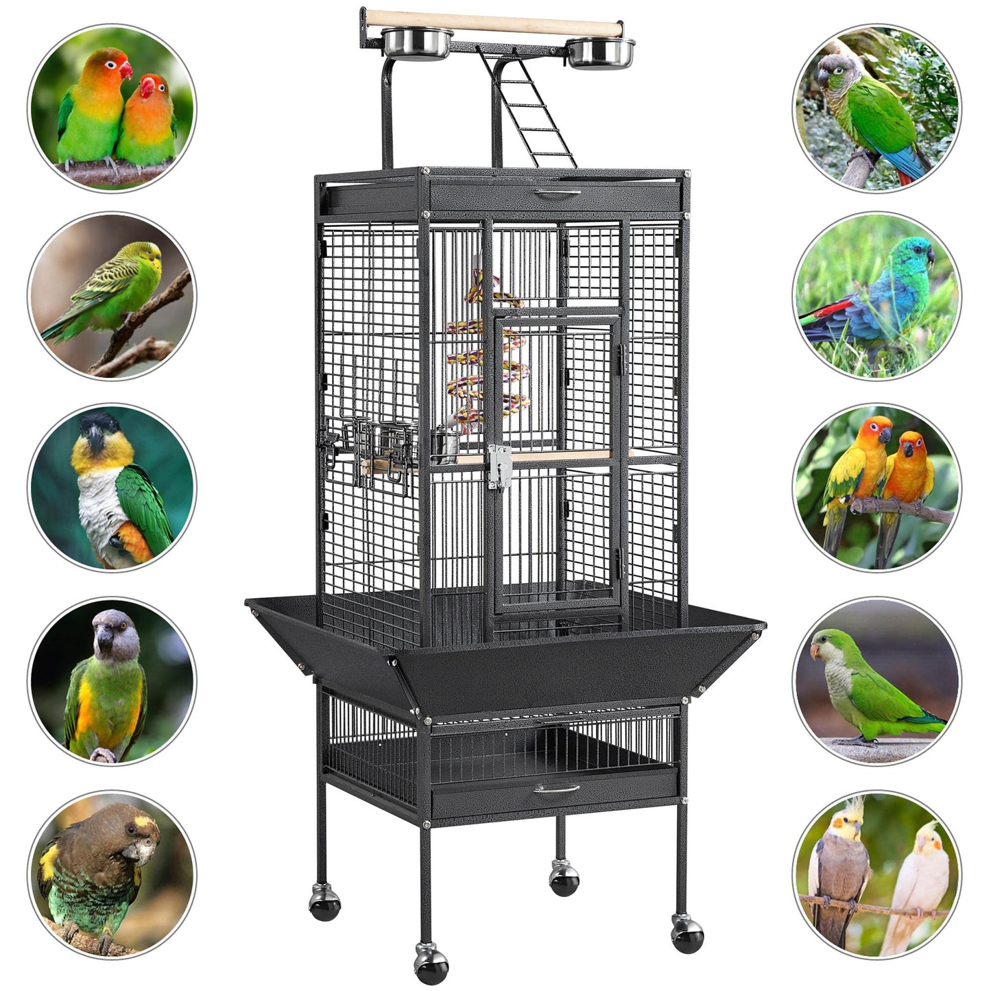 Yaheetech 69-inch Wrought Iron Rolling Large Parrot Bird Cage for African Grey Small Quaker Amazon Parrot Cockatiel Sun Parakeet Green Cheek Conure Dove Lovebird Budgie Play Top Bird Cage with Stand