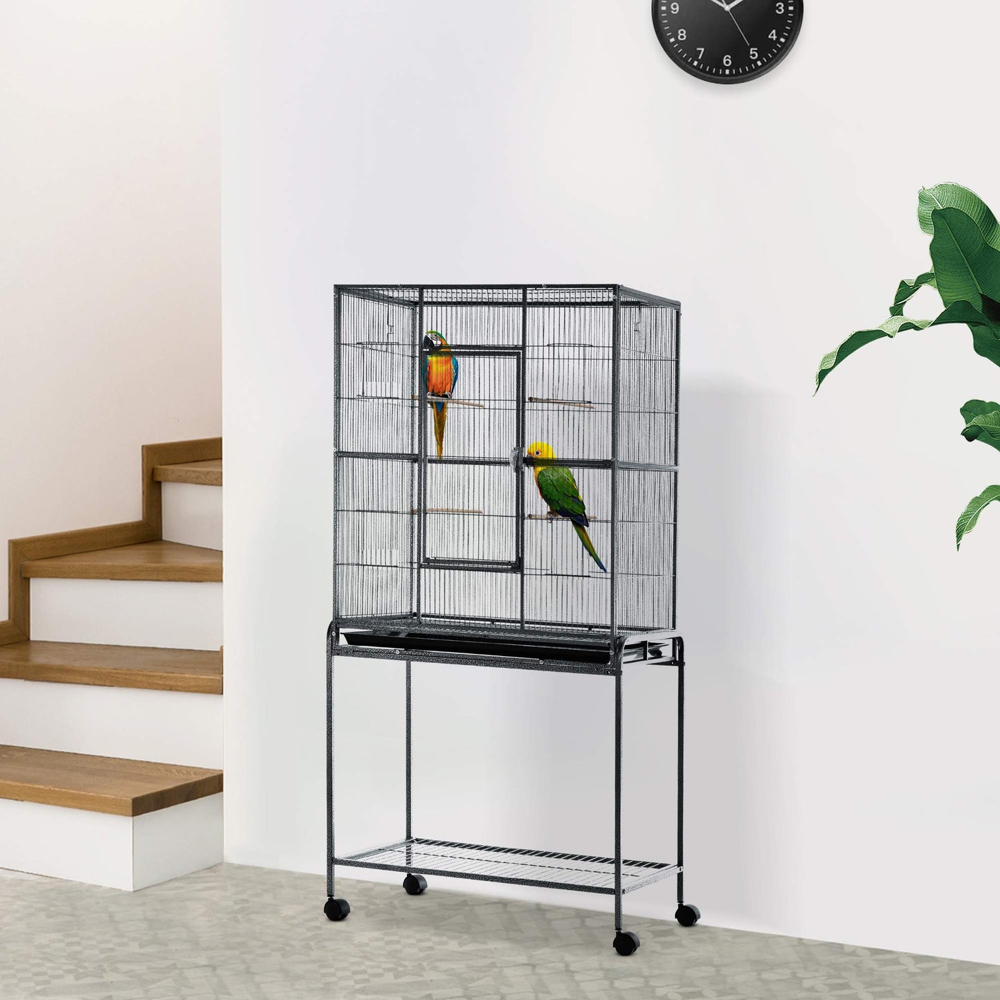 PawHut 64" Extra Large Bird Cage, Rolling Metal Parrot Cage, Bird House with Detachable Rolling Stand, Storage Shelf, Wood Perch, Food Container, 62.8" x 18.9" x 64.2"