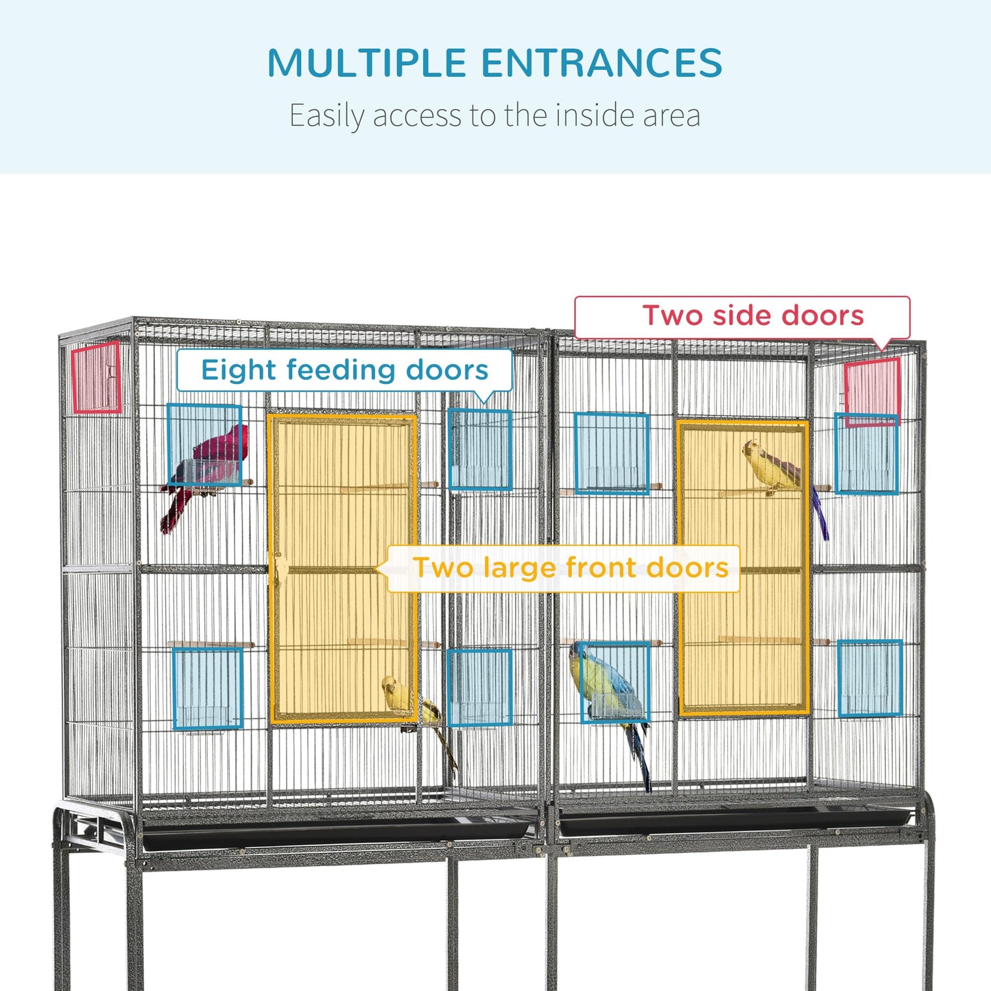 PawHut 64" Extra Large Bird Cage, Rolling Metal Parrot Cage, Bird House with Detachable Rolling Stand, Storage Shelf, Wood Perch, Food Container, 62.8" x 18.9" x 64.2"