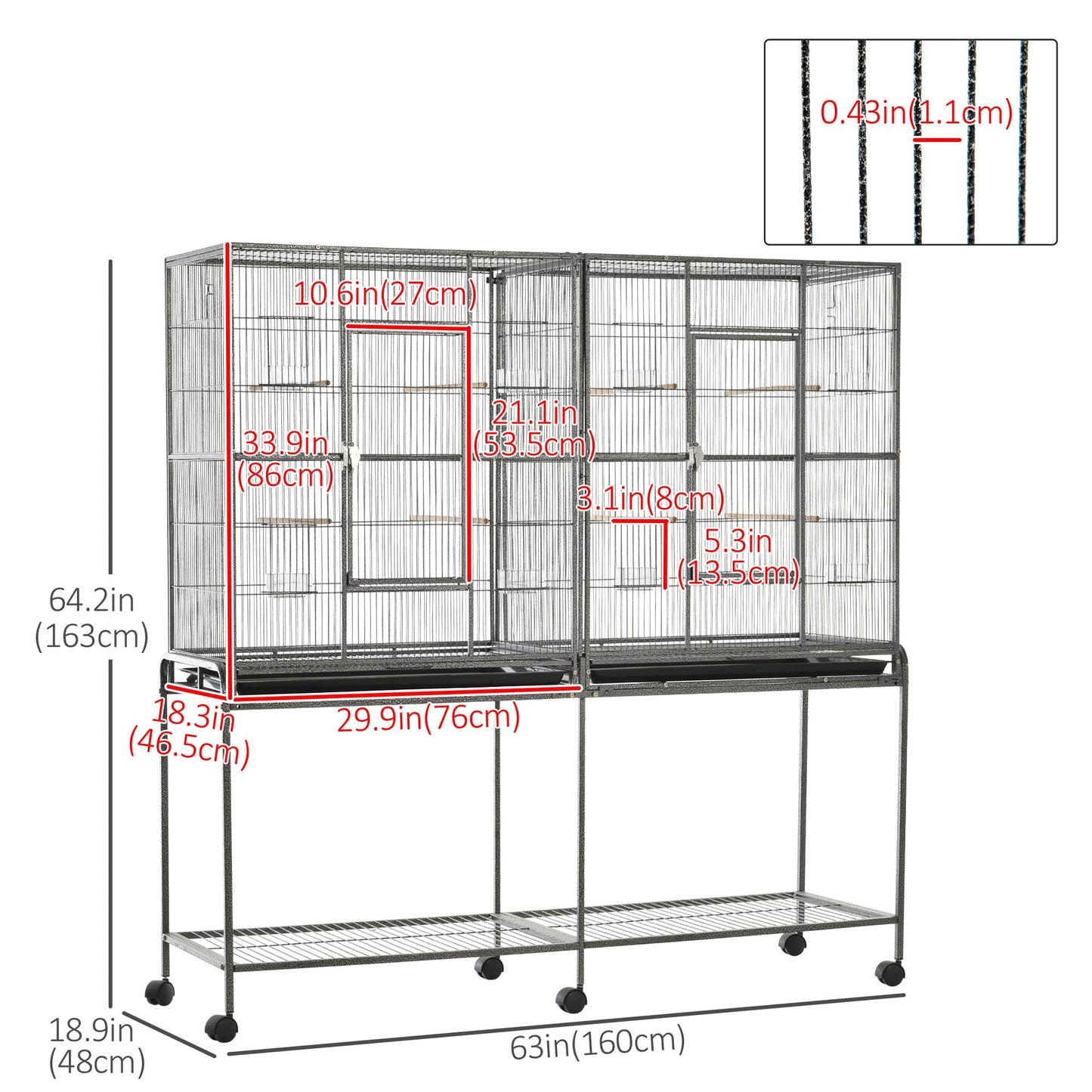 PawHut 64" Extra Large Bird Cage, Rolling Metal Parrot Cage, Bird House with Detachable Rolling Stand, Storage Shelf, Wood Perch, Food Container, 62.8" x 18.9" x 64.2"