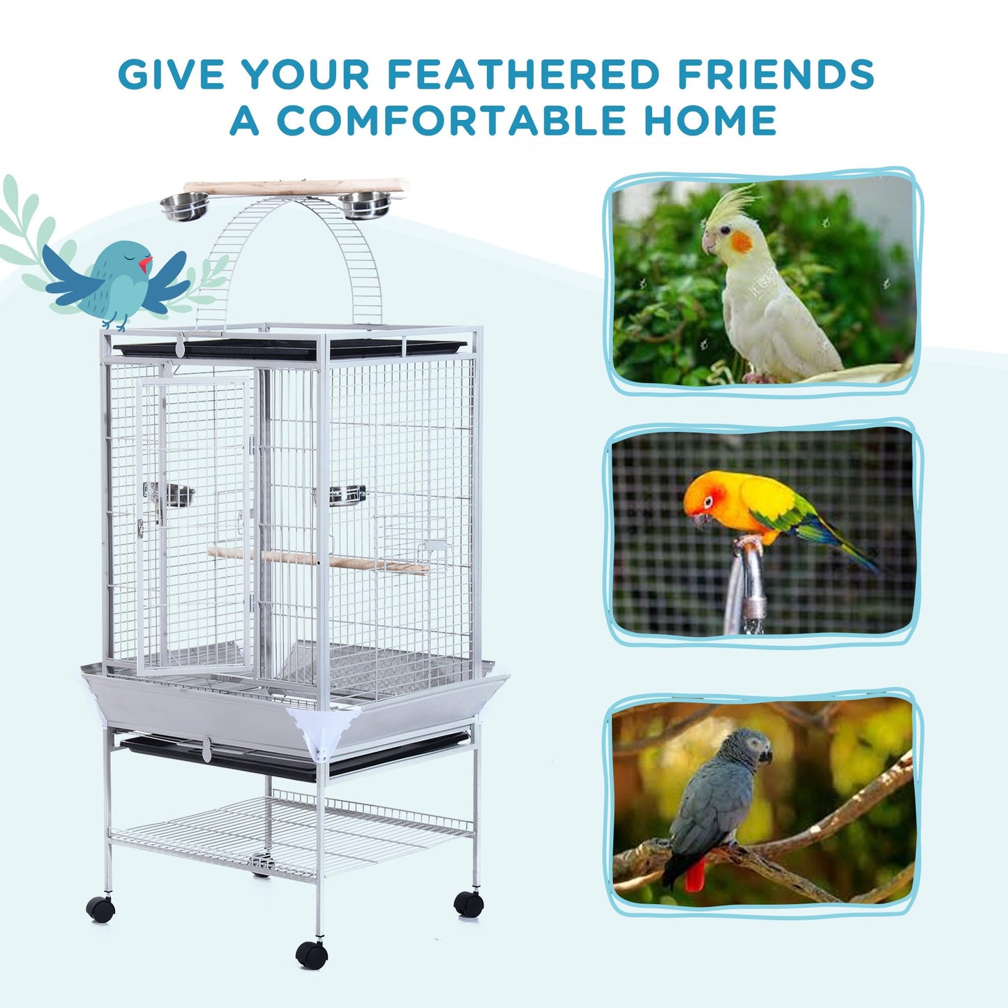 PawHut 63.5" Bird Cage for Cockatiels, Conure, African Greys, Porcupines, Indian Ringnecks, Parrot Cage with Wheels, Bird Feeder Stand, Play Top House, Silver