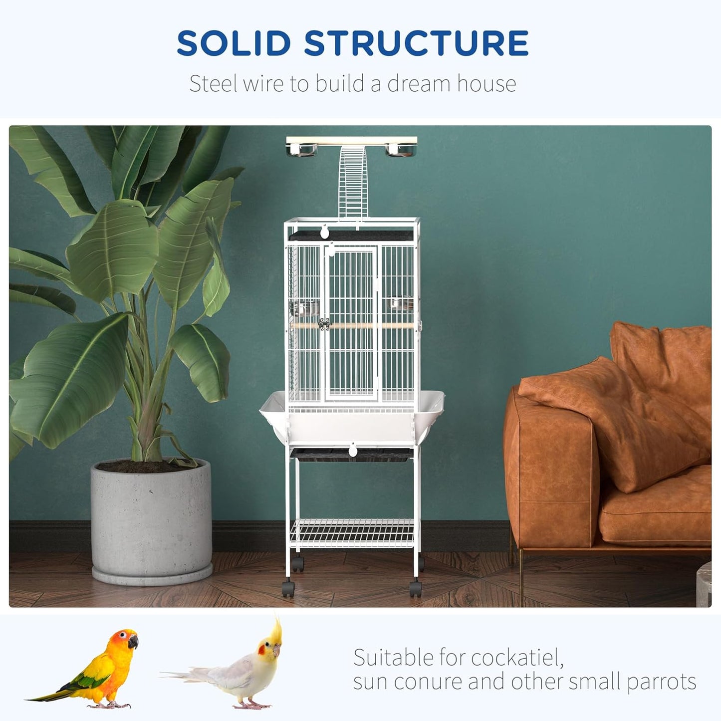 PawHut 63.5" Bird Cage for Cockatiels, Conure, African Greys, Porcupines, Indian Ringnecks, Parrot Cage with Wheels, Bird Feeder Stand, Play Top House, Silver