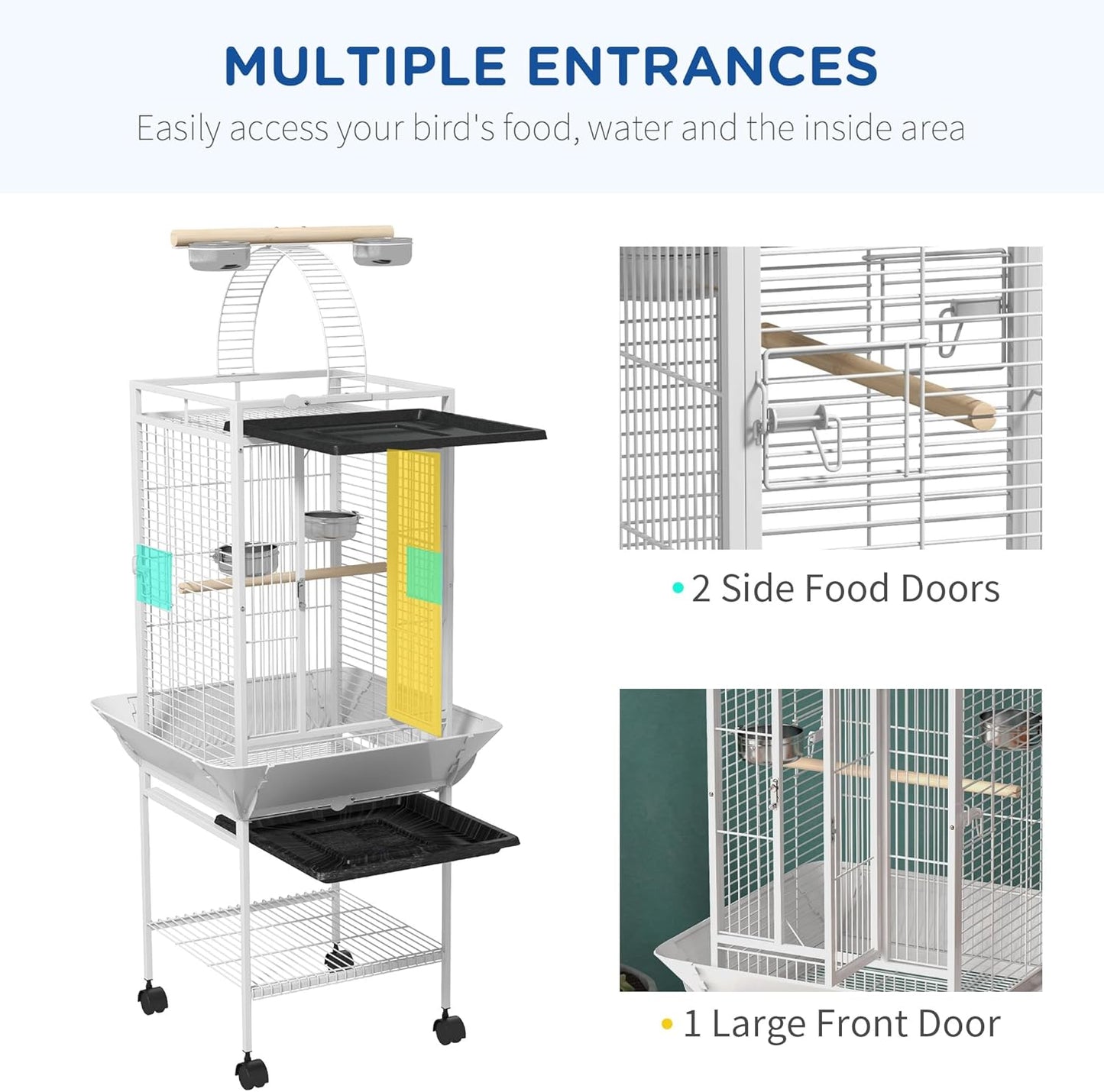 PawHut 63.5" Bird Cage for Cockatiels, Conure, African Greys, Porcupines, Indian Ringnecks, Parrot Cage with Wheels, Bird Feeder Stand, Play Top House, Silver