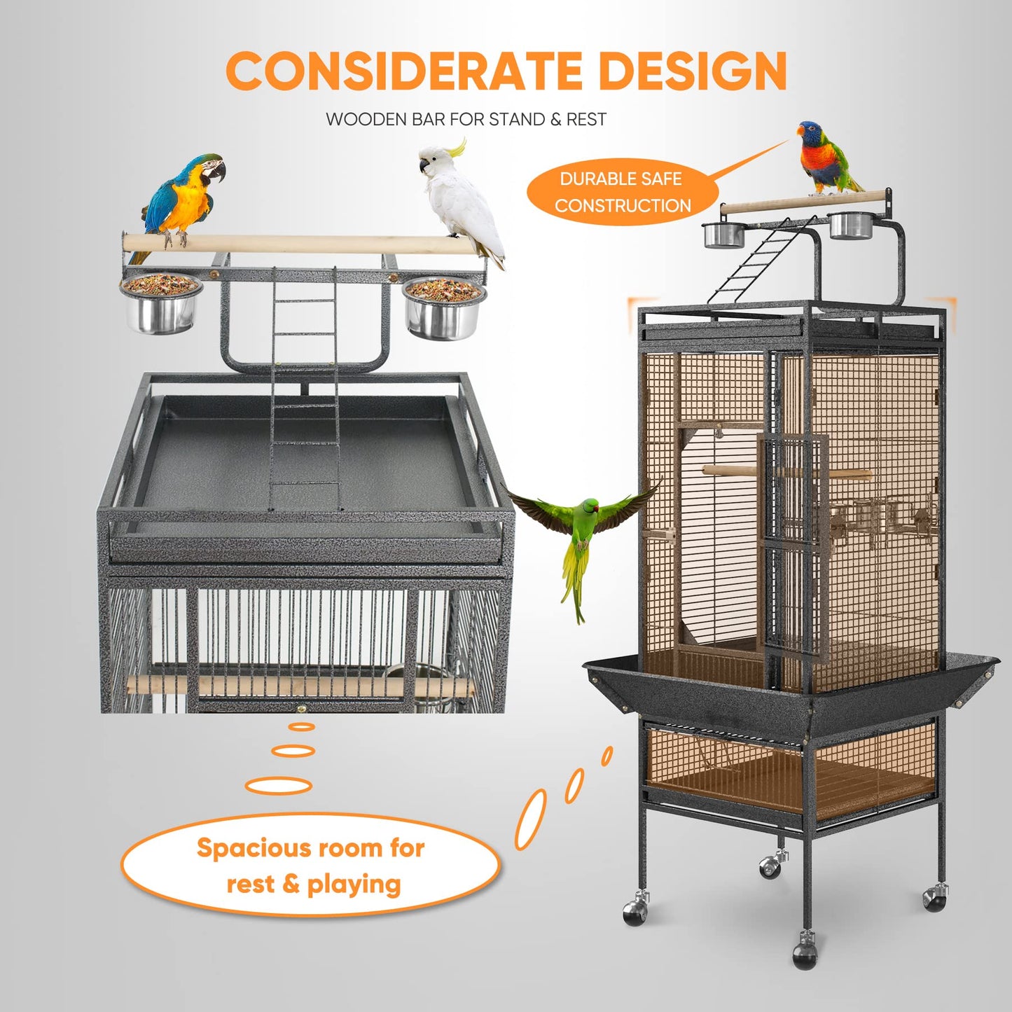 LEMY 53"/61"/68" Birdcage Pet Large Bird Cage Play Top Parrot Cockatiel Cockatoo Parakeet Finch Pet Supply (61")