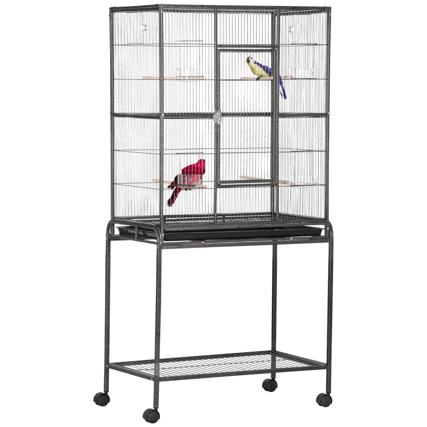 PawHut 64" Extra Large Bird Cage, Rolling Metal Parrot Cage, Bird House with Detachable Rolling Stand, Storage Shelf, Wood Perch, Food Container, 62.8" x 18.9" x 64.2"