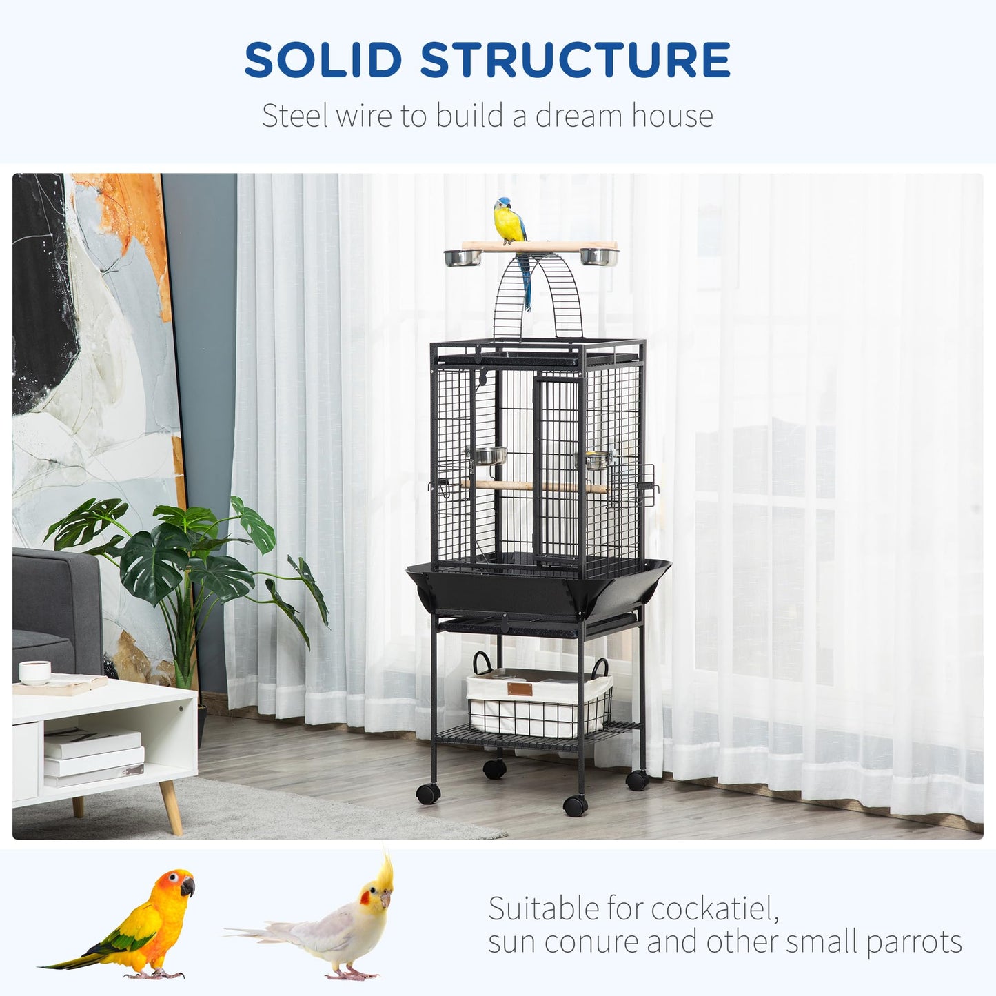 PawHut 63.5" Bird Cage for Cockatiels, Conure, African Greys, Porcupines, Indian Ringnecks, Parrot Cage with Wheels, Bird Feeder Stand, Play Top House, Silver