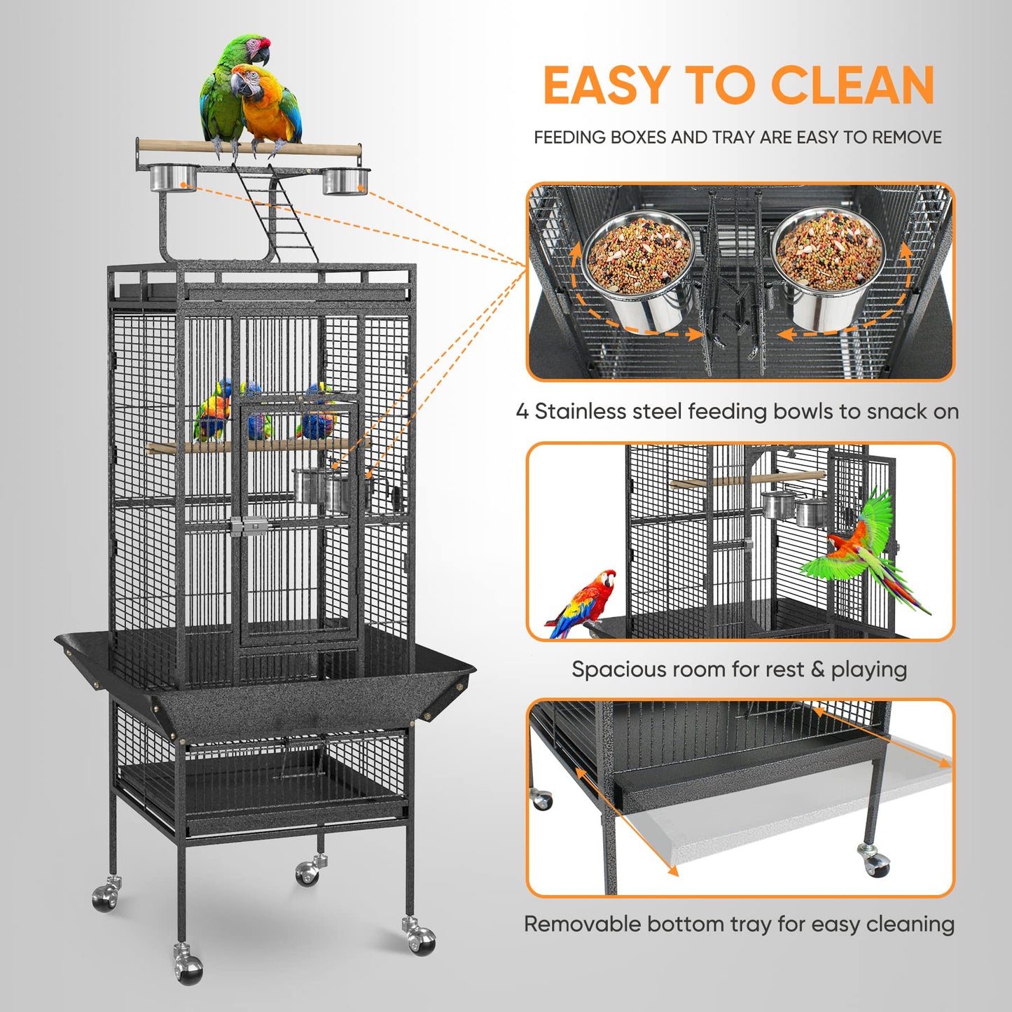 LEMY 53"/61"/68" Birdcage Pet Large Bird Cage Play Top Parrot Cockatiel Cockatoo Parakeet Finch Pet Supply (61")