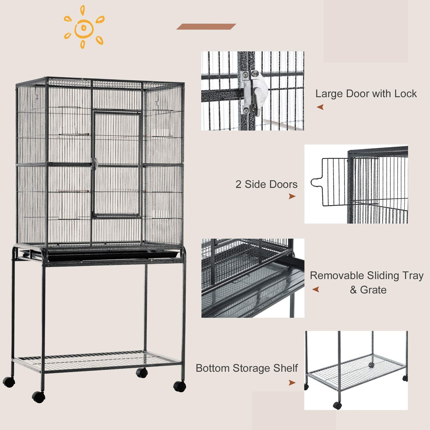 PawHut 64" Extra Large Bird Cage, Rolling Metal Parrot Cage, Bird House with Detachable Rolling Stand, Storage Shelf, Wood Perch, Food Container, 62.8" x 18.9" x 64.2"