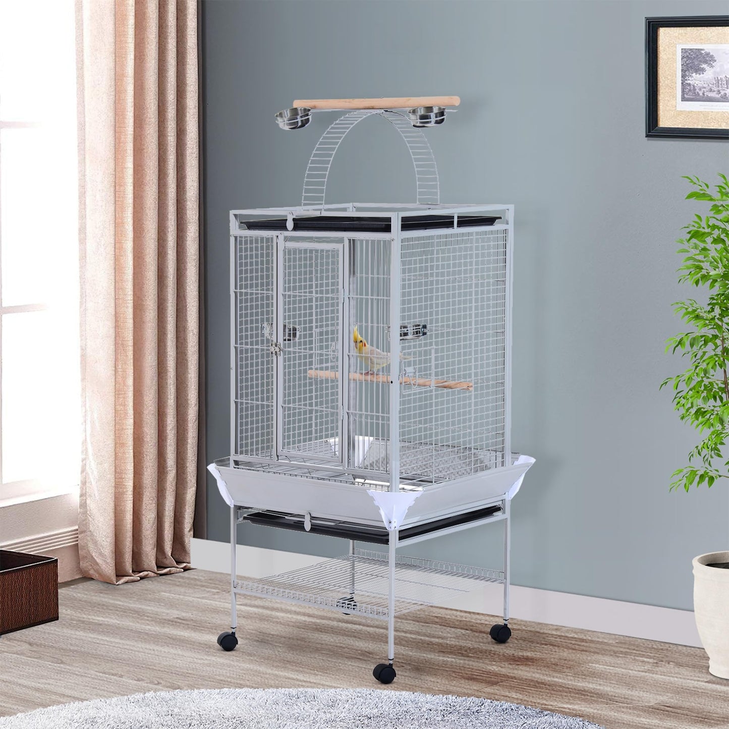 PawHut 63.5" Bird Cage for Cockatiels, Conure, African Greys, Porcupines, Indian Ringnecks, Parrot Cage with Wheels, Bird Feeder Stand, Play Top House, Silver