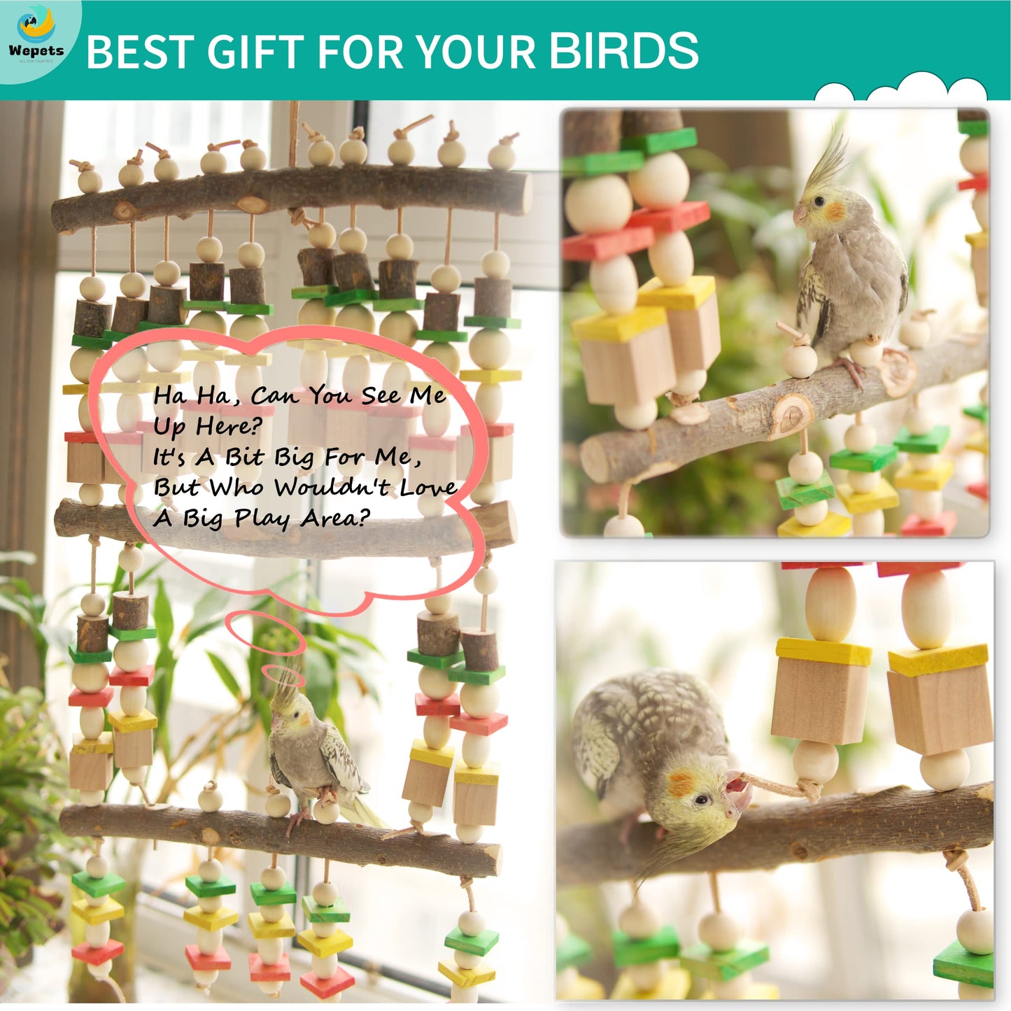 Wepets Hanging Wooden Toy for Extra Large and Medium Parrots - Perfect for Macaws, Cockatoos, African Greys, Amazons, Eclectus, and More!