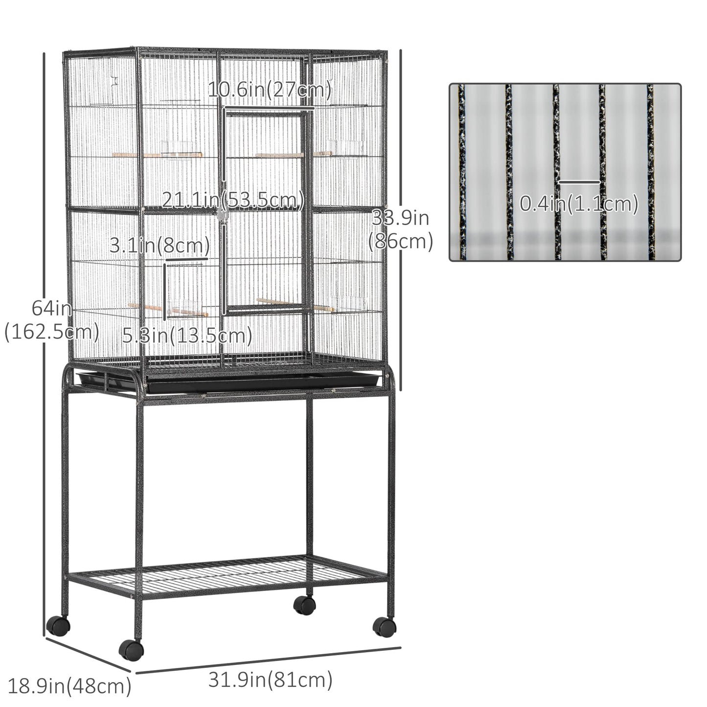 PawHut 64" Extra Large Bird Cage, Rolling Metal Parrot Cage, Bird House with Detachable Rolling Stand, Storage Shelf, Wood Perch, Food Container, 62.8" x 18.9" x 64.2"