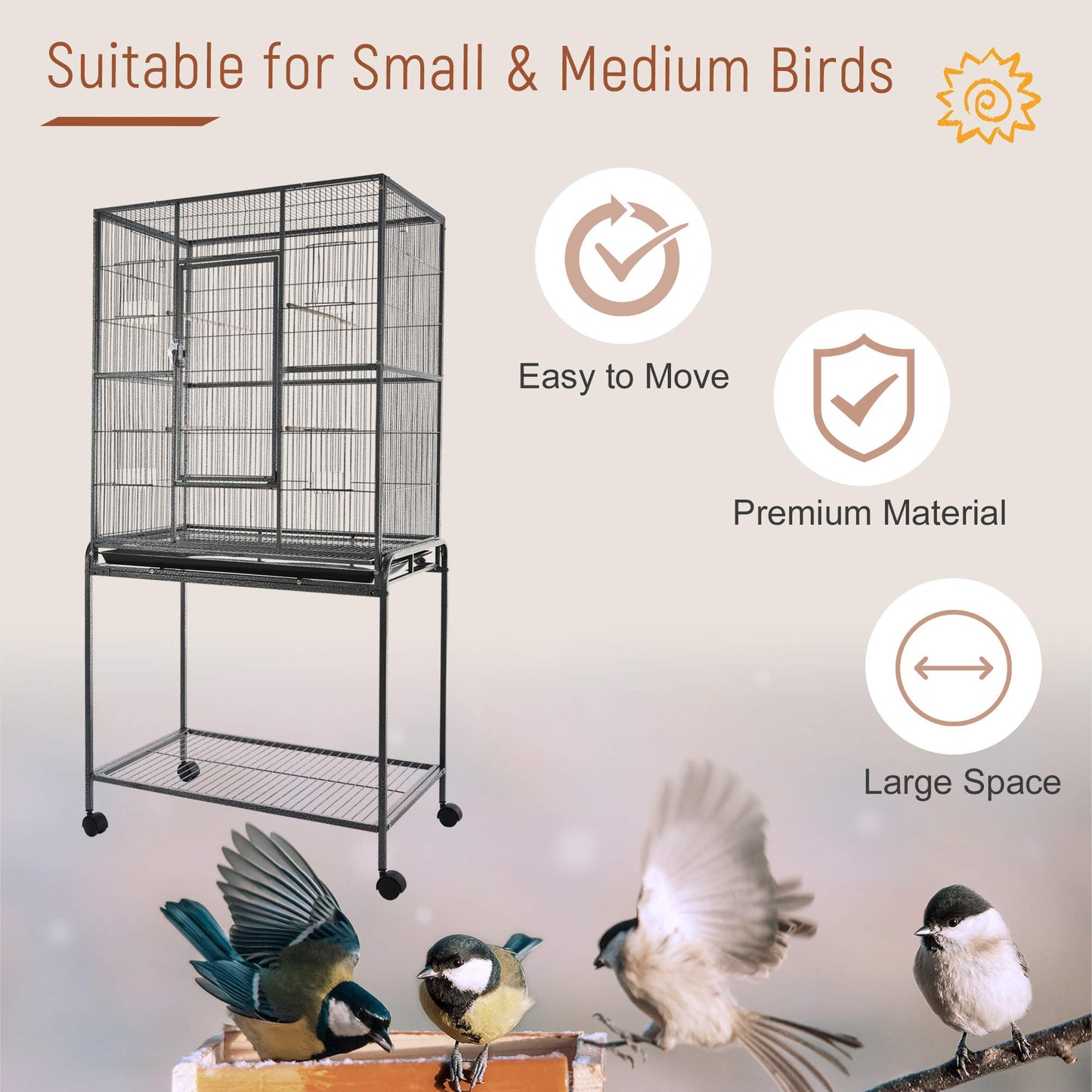 PawHut 64" Extra Large Bird Cage, Rolling Metal Parrot Cage, Bird House with Detachable Rolling Stand, Storage Shelf, Wood Perch, Food Container, 62.8" x 18.9" x 64.2"