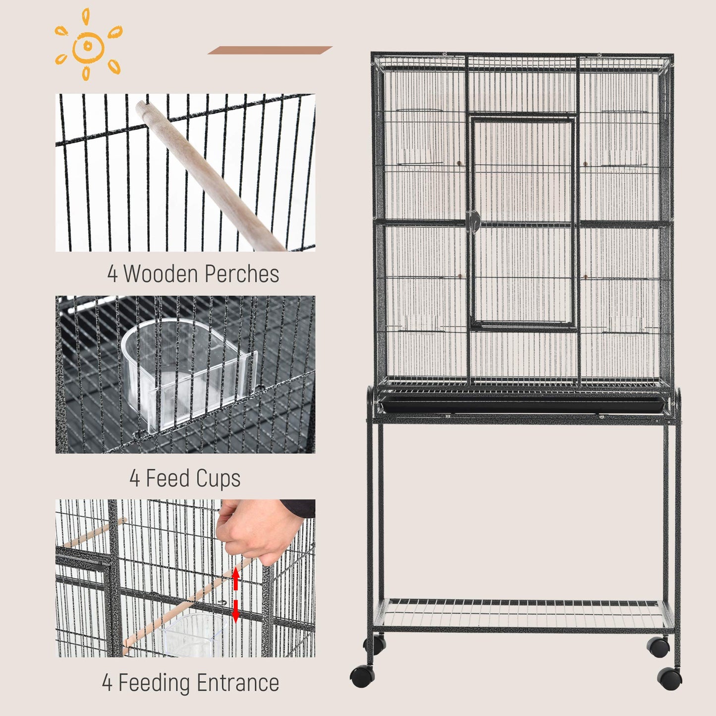 PawHut 64" Extra Large Bird Cage, Rolling Metal Parrot Cage, Bird House with Detachable Rolling Stand, Storage Shelf, Wood Perch, Food Container, 62.8" x 18.9" x 64.2"