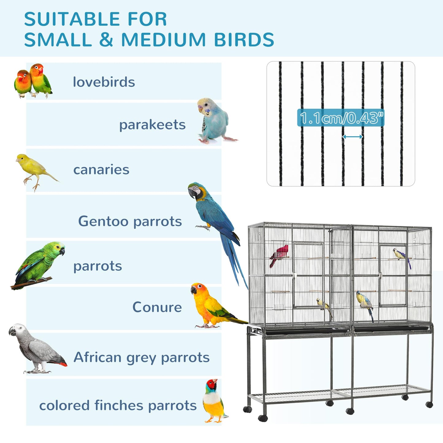 PawHut 64" Extra Large Bird Cage, Rolling Metal Parrot Cage, Bird House with Detachable Rolling Stand, Storage Shelf, Wood Perch, Food Container, 62.8" x 18.9" x 64.2"