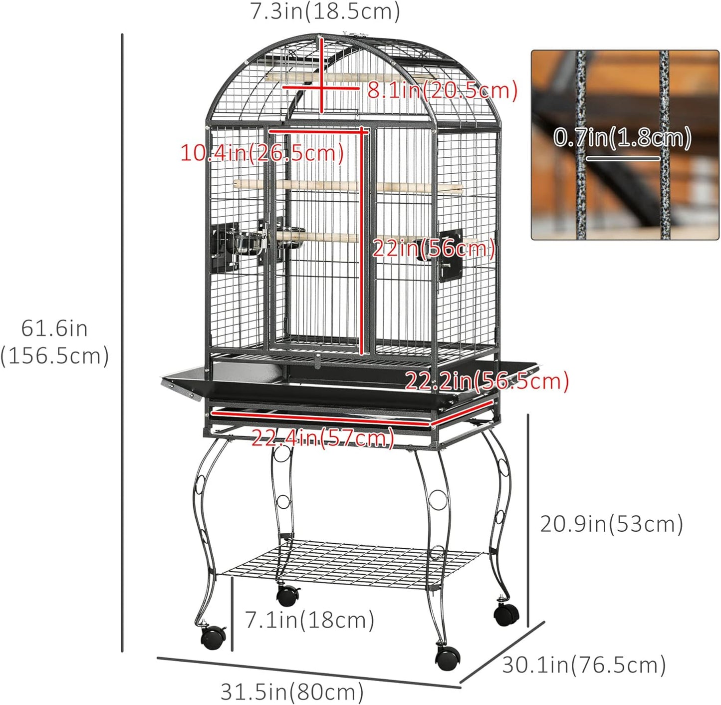 PawHut 66" Bird Cage Parrot Cage for Conures, Cockatiels, Parrotlet with Play Top, Rolling Stand, Pull Out Tray, Storage Shelf