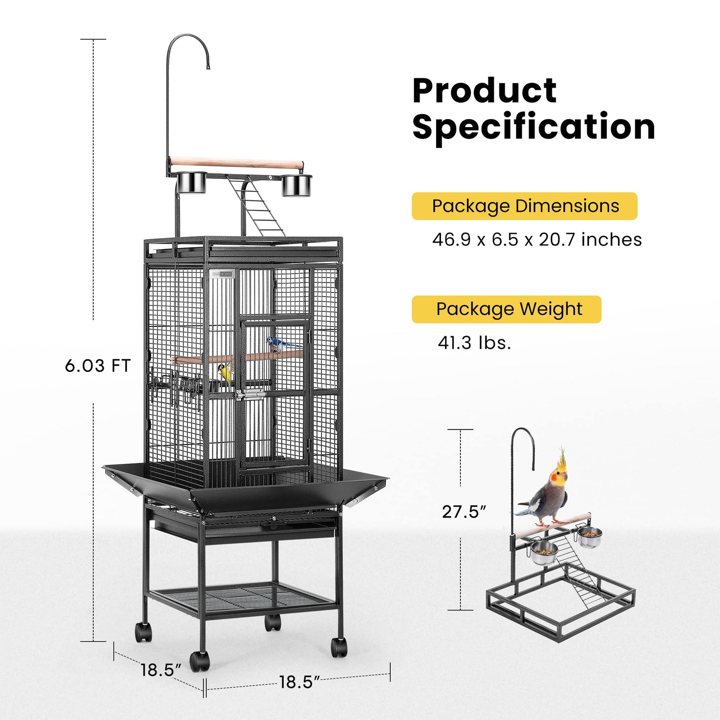 VIVOHOME 72 Inch Wrought Iron Large Bird Cage with Play Top and Stand for Parrots Lovebird Cockatiel Parakeets