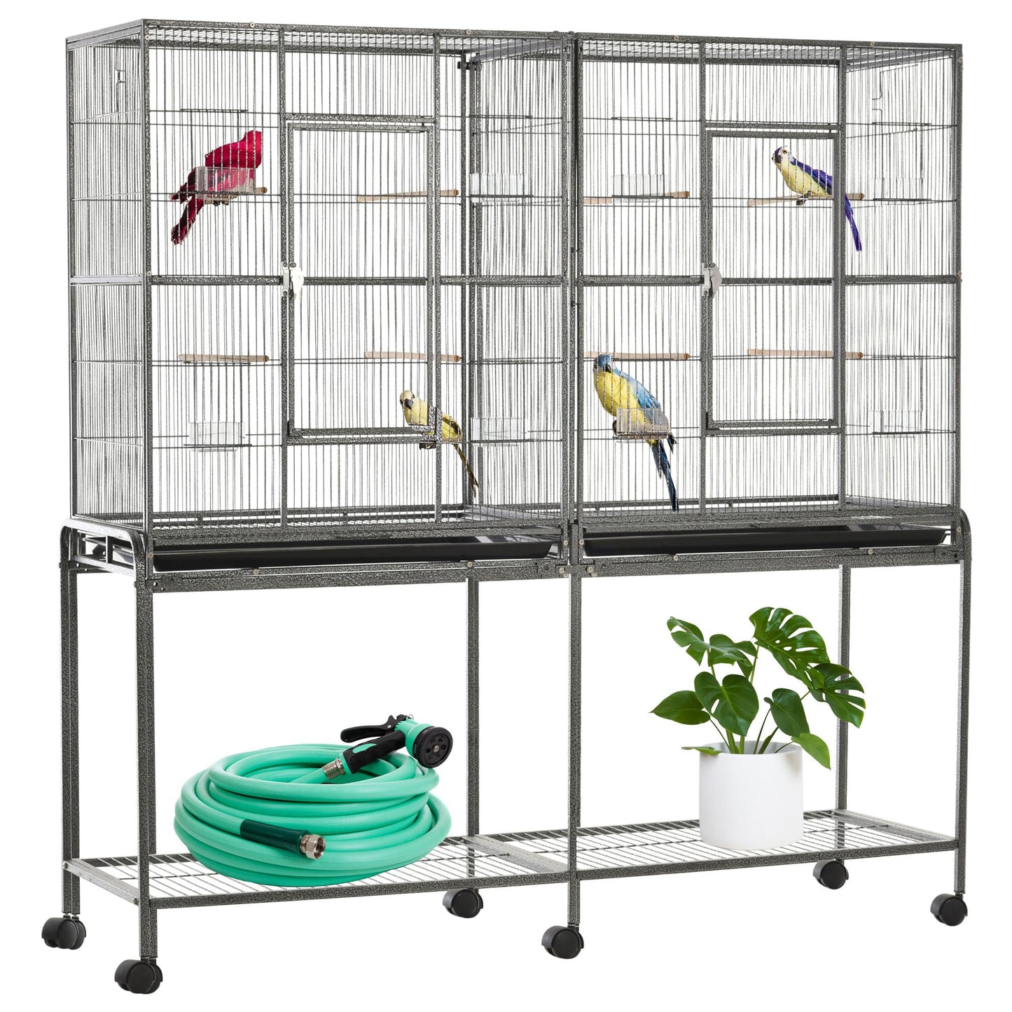 PawHut 64" Extra Large Bird Cage, Rolling Metal Parrot Cage, Bird House with Detachable Rolling Stand, Storage Shelf, Wood Perch, Food Container, 62.8" x 18.9" x 64.2"